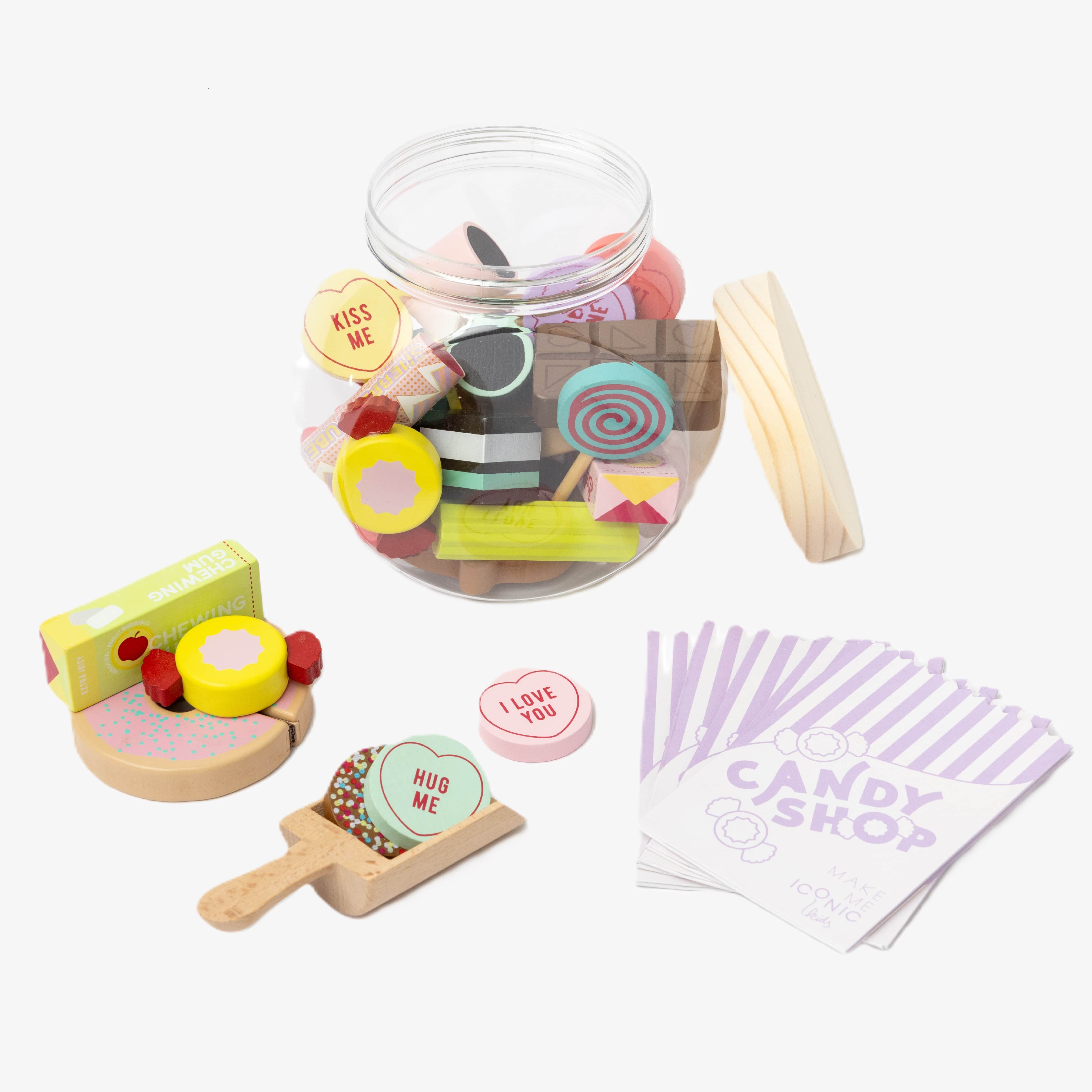 Wooden candy jar toy set for kids featuring hand-painted lollies, candy canes and wrapped sweets in an acrylic jar designed for imaginative pretend play

