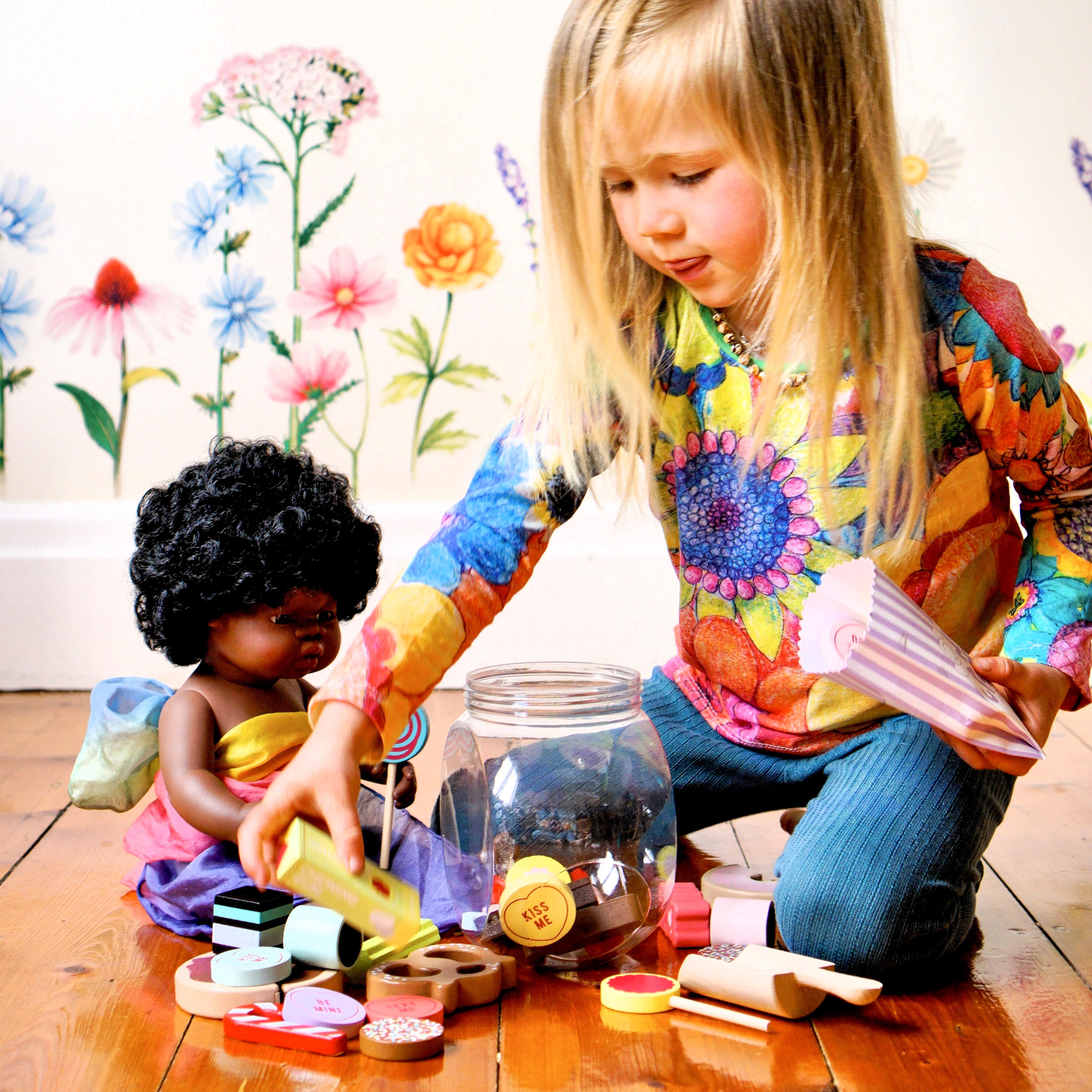 Wooden candy jar toy set for kids featuring hand-painted lollies, candy canes and wrapped sweets in an acrylic jar designed for imaginative pretend play.