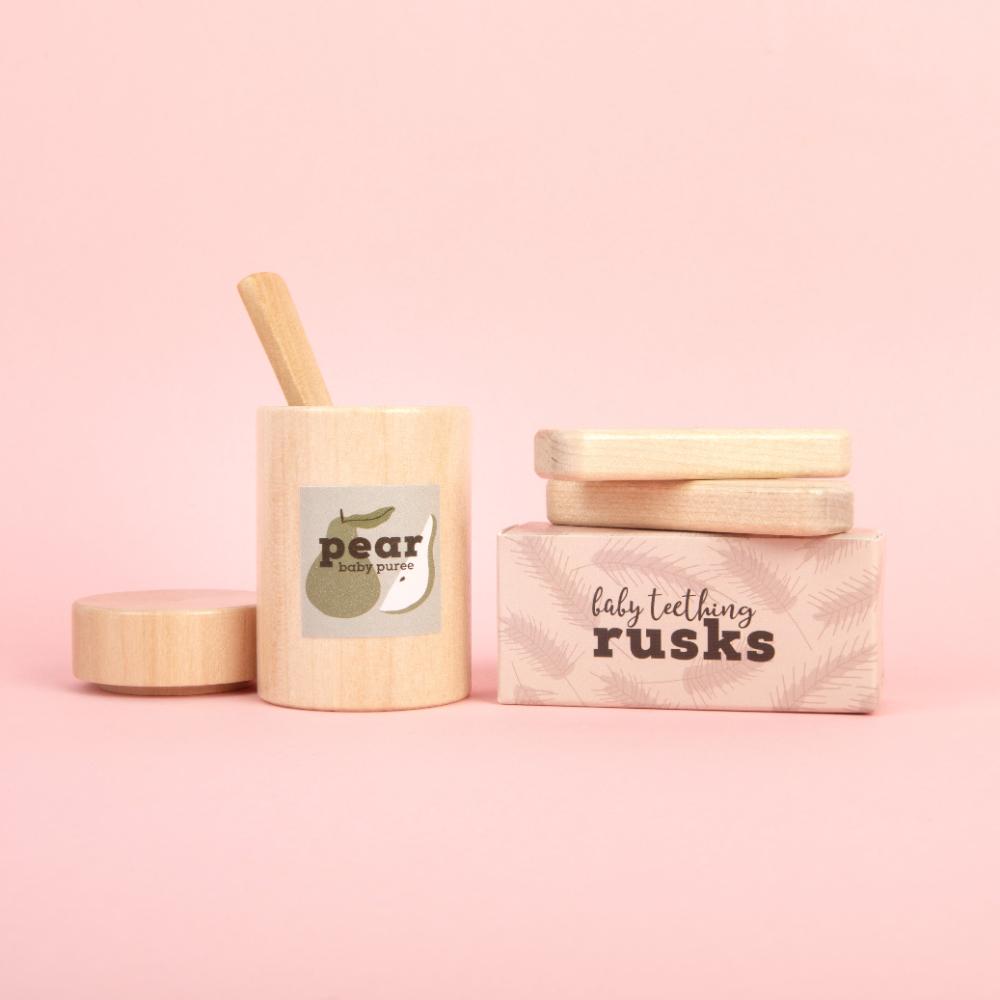 Make Me Iconic 3-piece wooden toy jar set with jar, removable lid, and wooden spoon is perfect for pretend play, scooping fun, and imaginative role play.