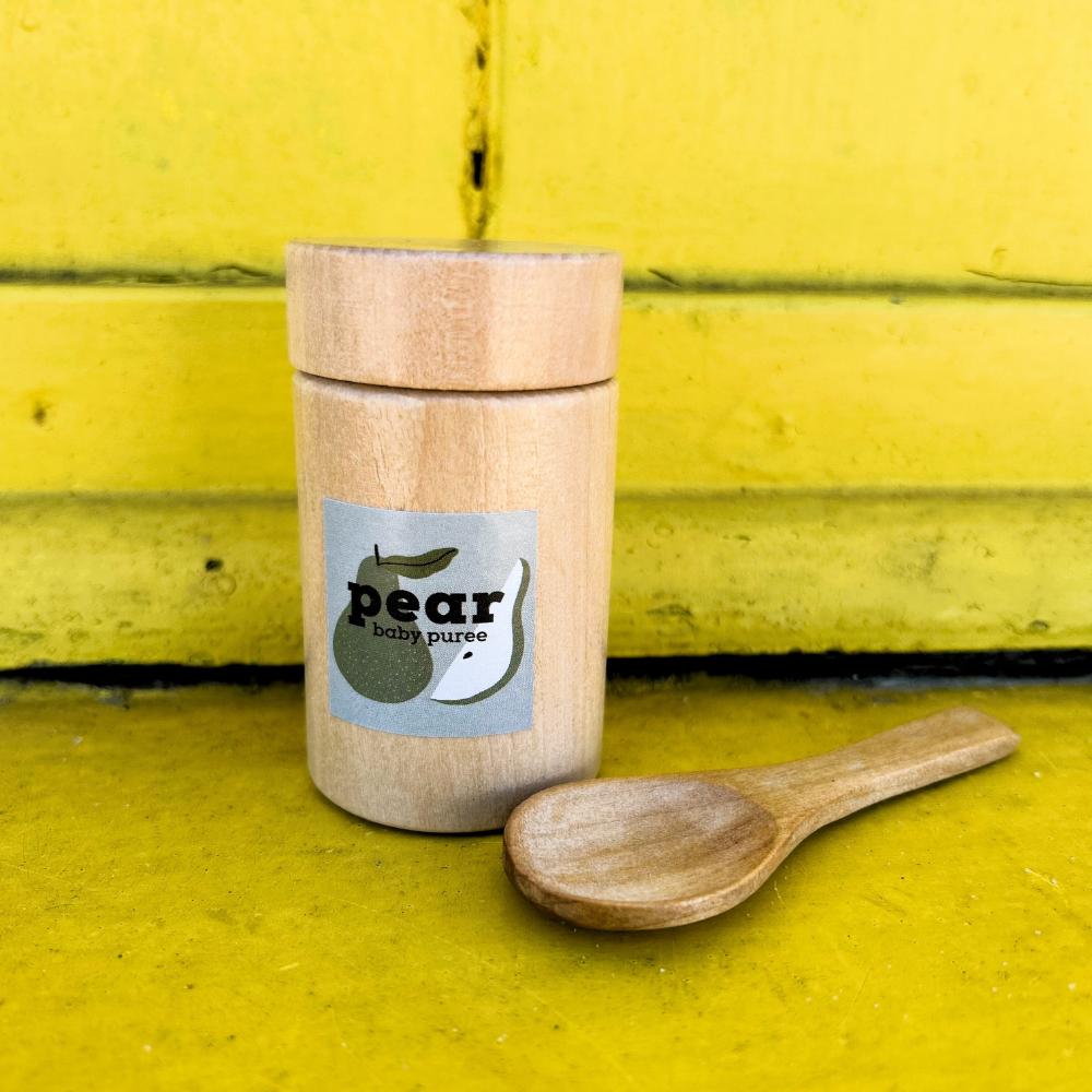 Make Me Iconic 3-piece wooden toy jar set with jar, removable lid, and wooden spoon is perfect for pretend play, scooping fun, and imaginative role play.