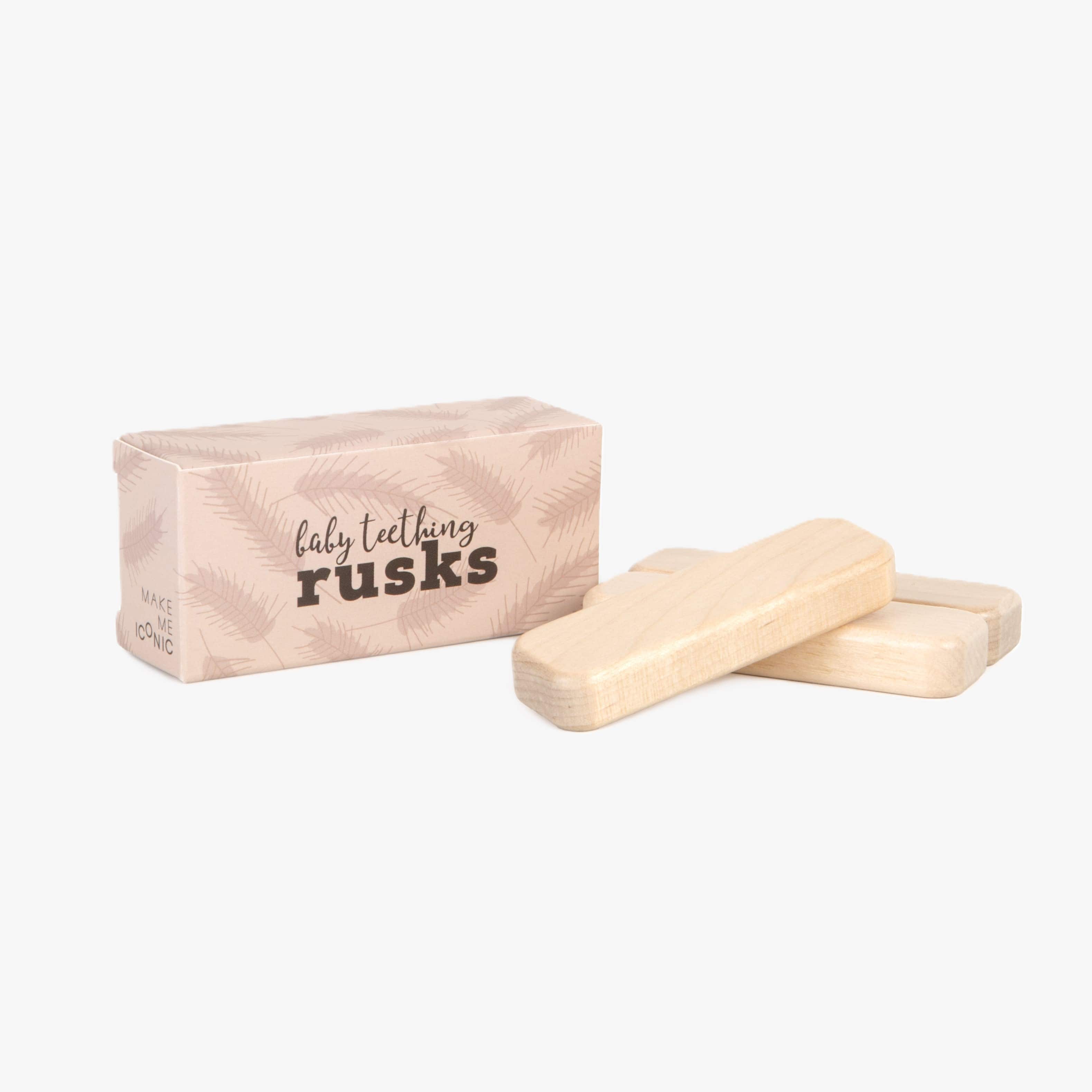 Set of 3 wooden toy doll rusks in a cardboard box, designed for pretend feeding and nurturing role-play. Perfect for developing empathy, fine motor skills, and imaginative play in young children.