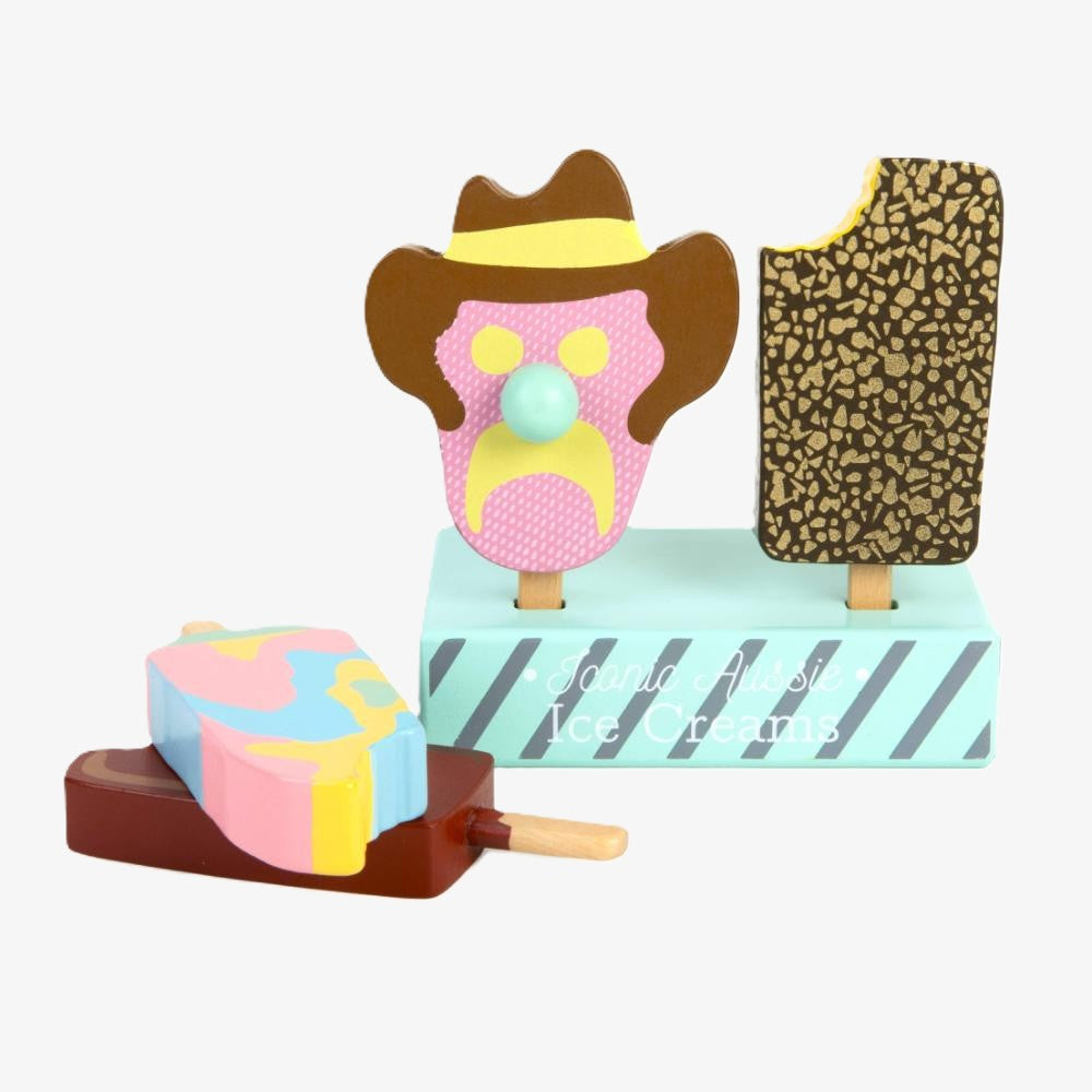 Wooden toy Australian ice cream set with Bubble O’ Bill, Golden Gaytime, Mint Choc Wedge, Rainbow Paddle Pop, wooden stand and paper bags for pretend play from Make Me Iconic.