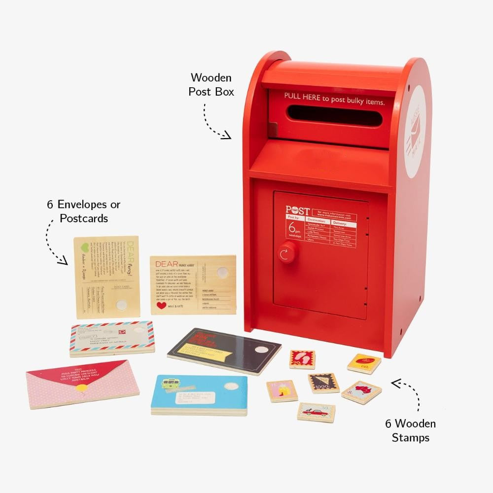 Australian Post Box wooden toy featuring a working mail slot, wooden letters, postcards and stamps. A nostalgic role-play toy inspired by the iconic red Australia Post Box.