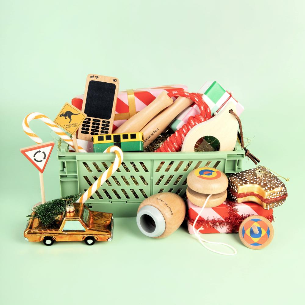 Make Me Iconic wooden Australian road sign toy set featuring 5 double-sided traffic signs with kangaroo, koala, and speed camera icons for imaginative car and city play.