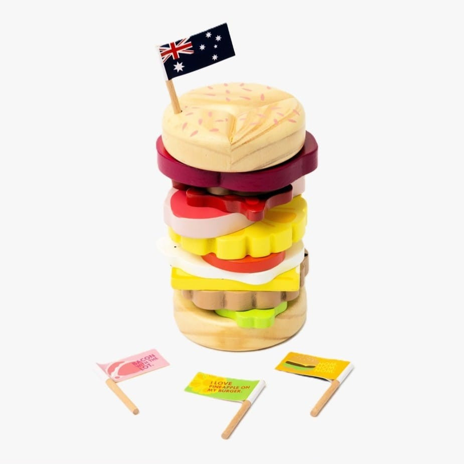 Wooden Aussie stacking burger toy for kids with colourful layers, mini flags, and chunky pieces—perfect for imaginative food play and motor skill development.
