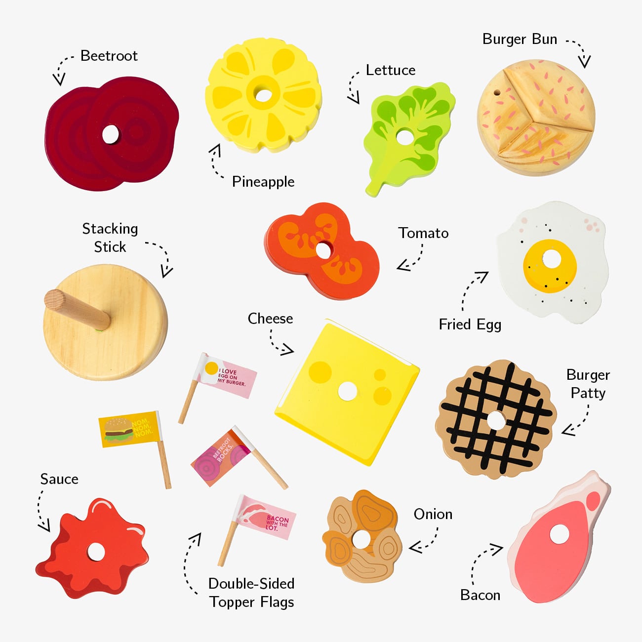 Wooden Aussie stacking burger toy for kids with colourful layers, mini flags, and chunky pieces—perfect for imaginative food play and motor skill development.