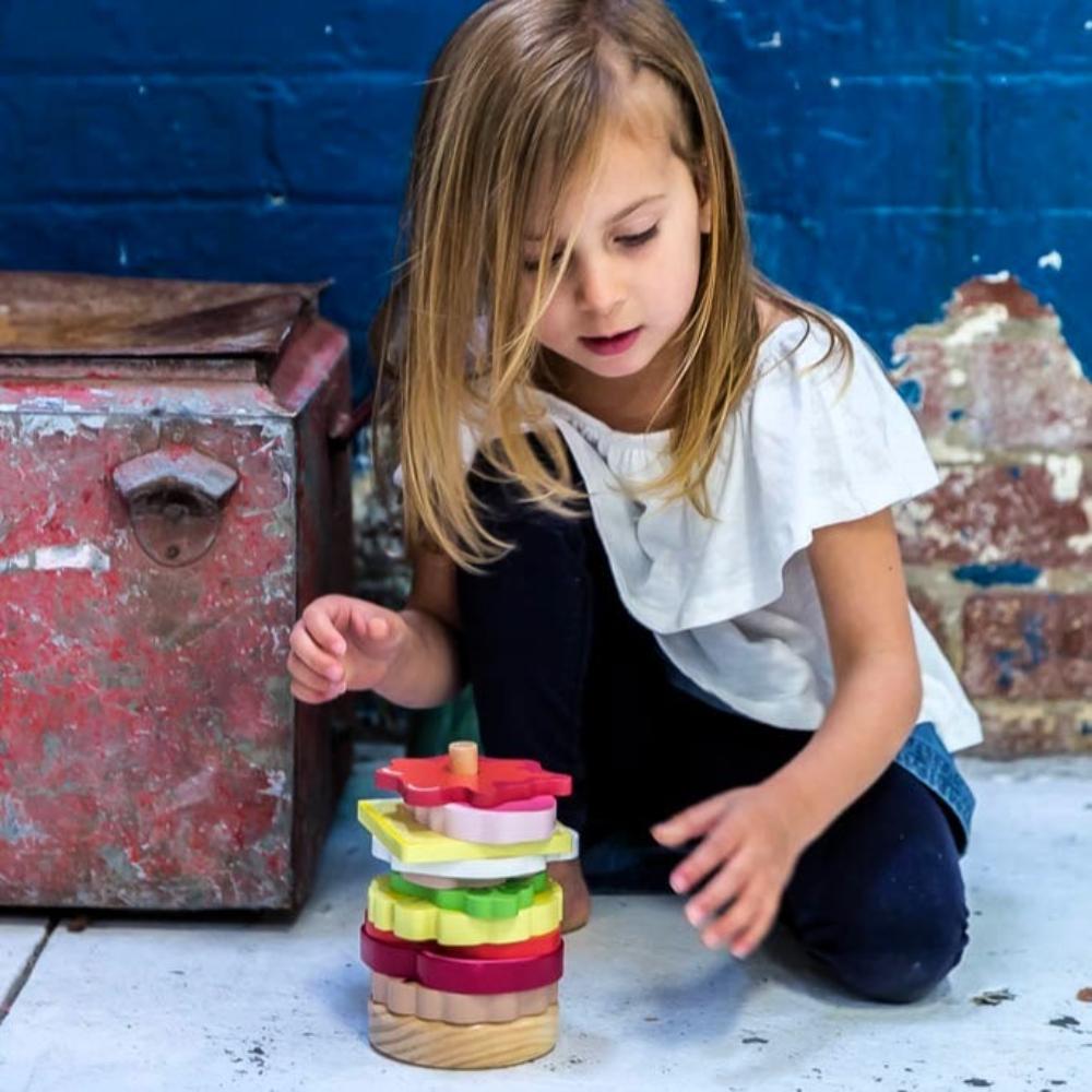 Make Me Iconic wooden toy Australian stacking burger for kids with colourful layers, mini flags, and chunky pieces, perfect for imaginative food play and motor skill development.