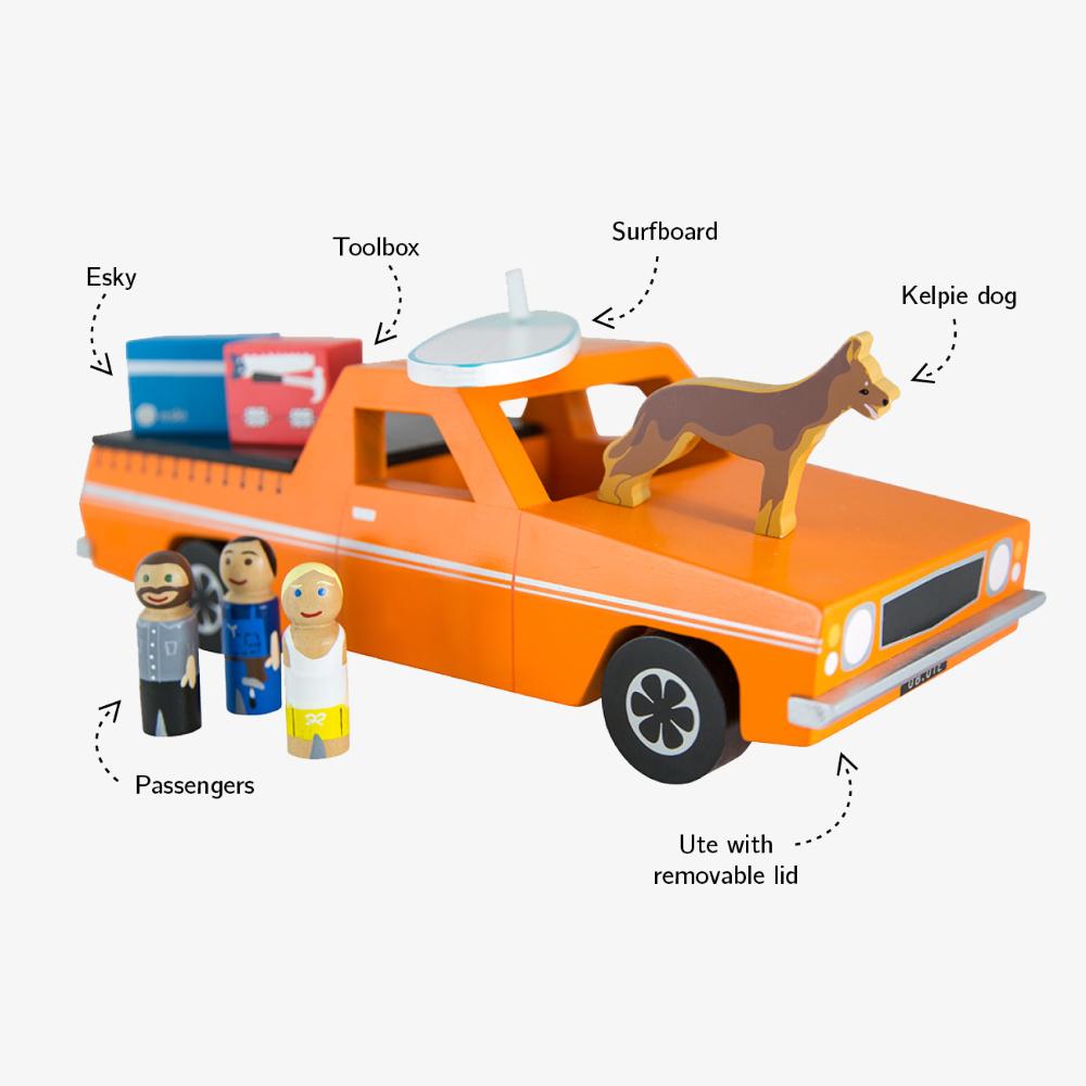 Wooden Aussie Ute toy inspired by Australia's iconic utility vehicle. Features rolling wheels, removable accessories and wooden passengers for imaginative play.