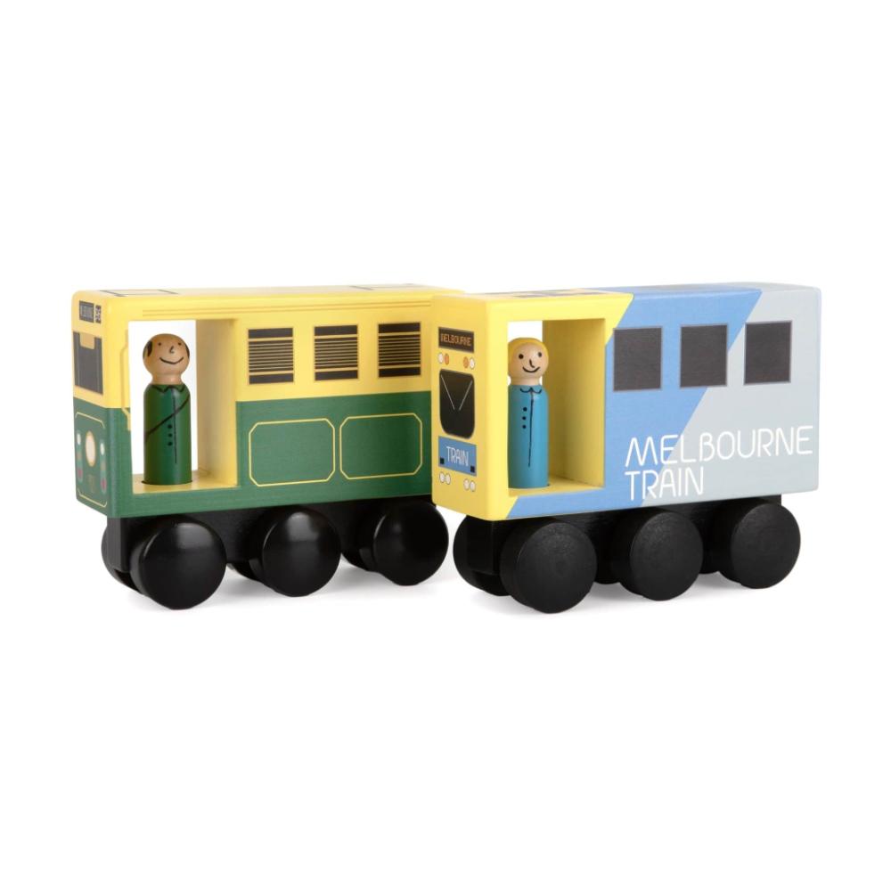 Wooden Melbourne tram toy for kids, inspired by real Aussie commuter trains, perfect Australian gift for pretend play, learning, and imaginative adventures.