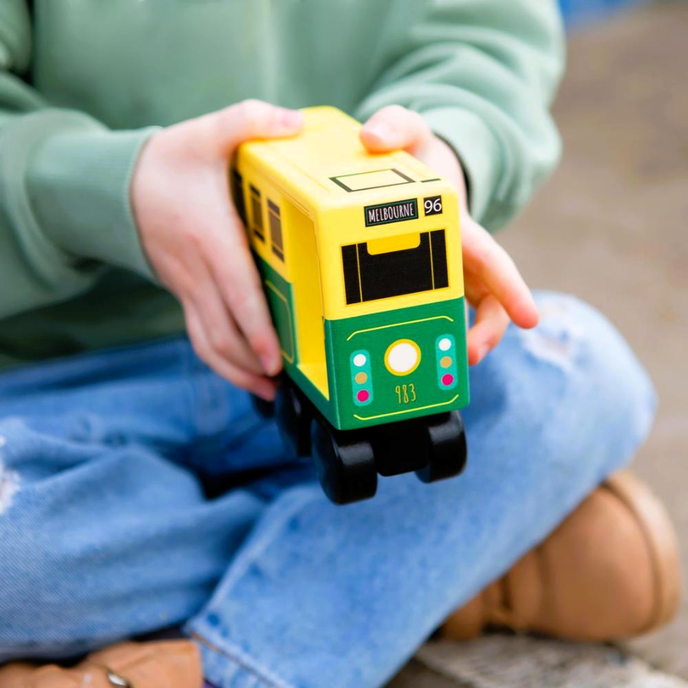 Wooden Melbourne tram toy for kids, inspired by real Aussie commuter trains, perfect Australian gift for pretend play, learning, and imaginative adventures.
