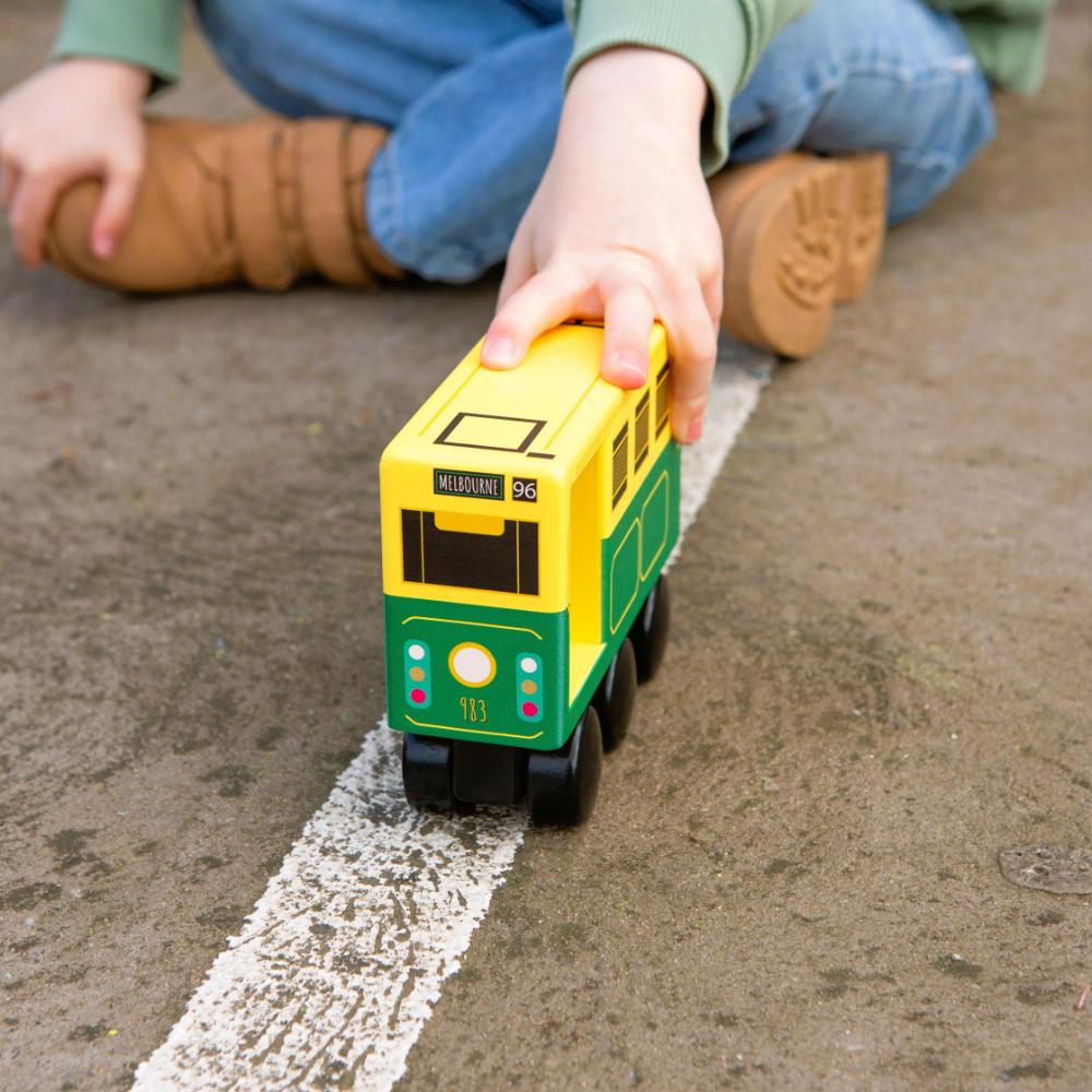 Wooden Melbourne tram toy for kids, inspired by real Aussie commuter trains, perfect Australian gift for pretend play, learning, and imaginative adventures.