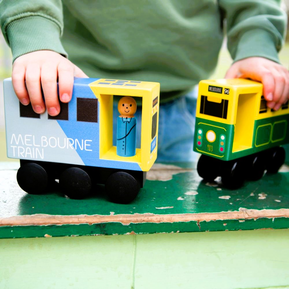 Wooden Melbourne tram toy for kids, inspired by real Aussie commuter trains, perfect Australian gift for pretend play, learning, and imaginative adventures.