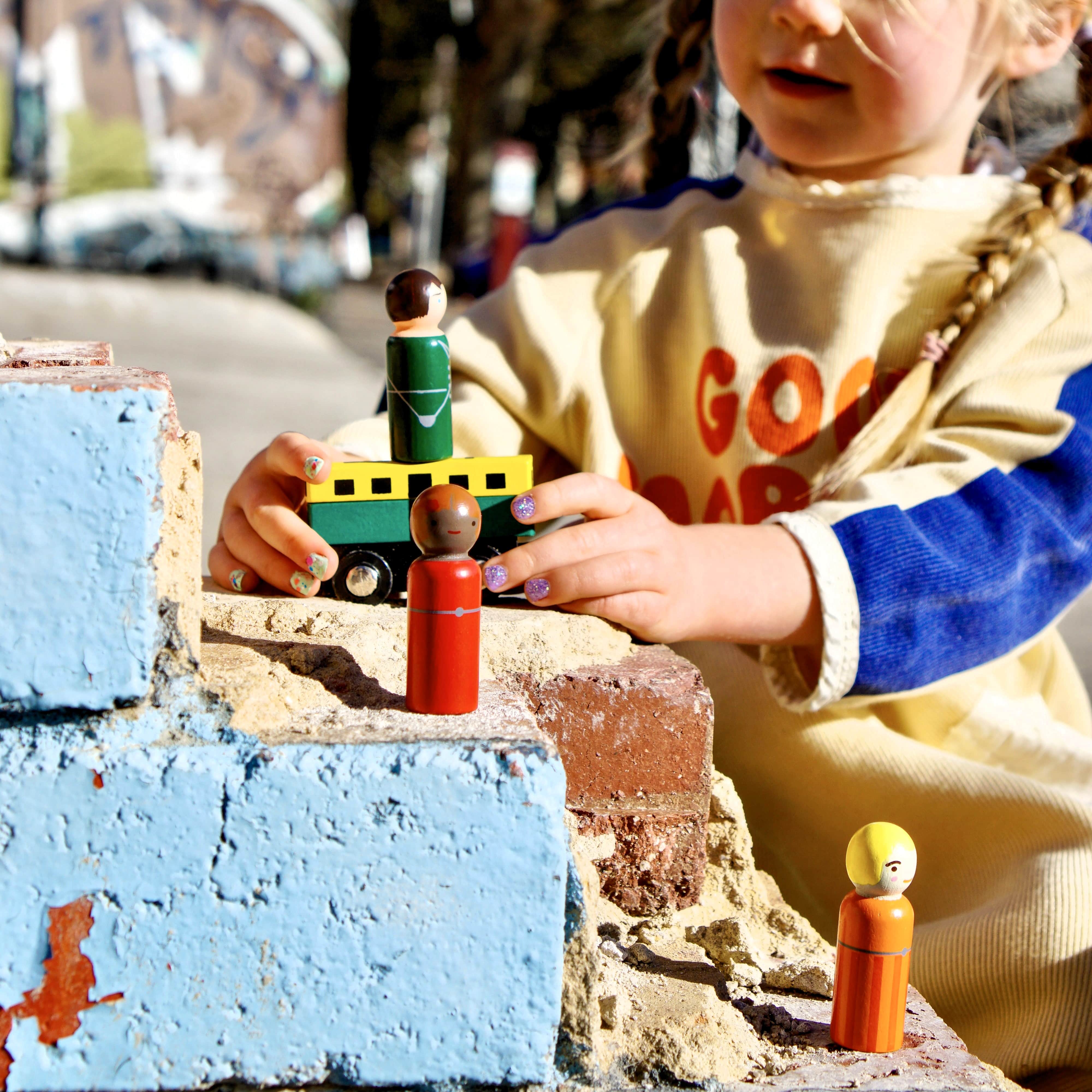 1-piece wooden Mini Melbourne Tram toy with magnetic connectors, fits Brio, IKEA, and Thomas train tracks for extended pretend play.