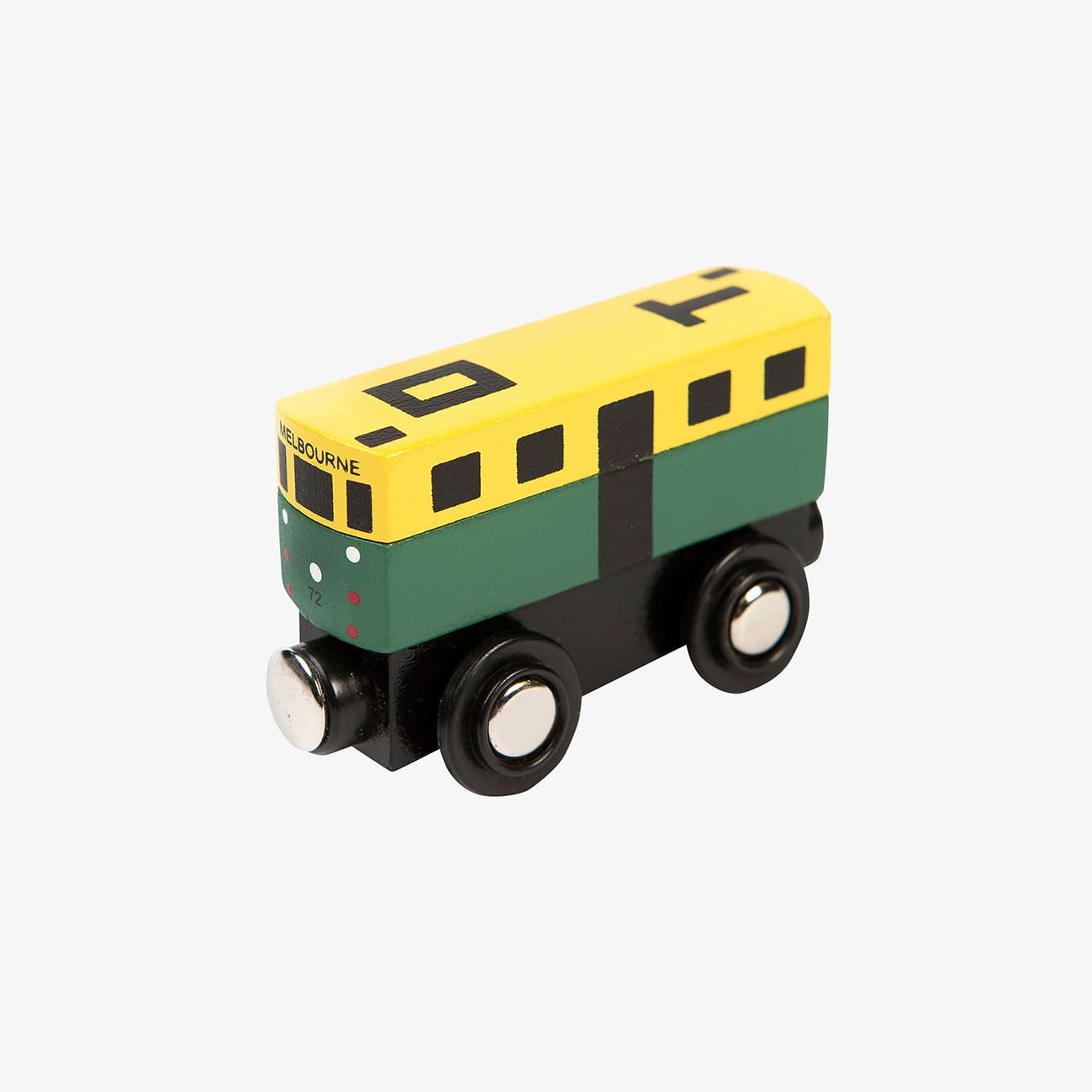 1-piece wooden Mini Melbourne Tram toy with magnetic connectors, fits Brio, IKEA, and Thomas train tracks for extended pretend play.