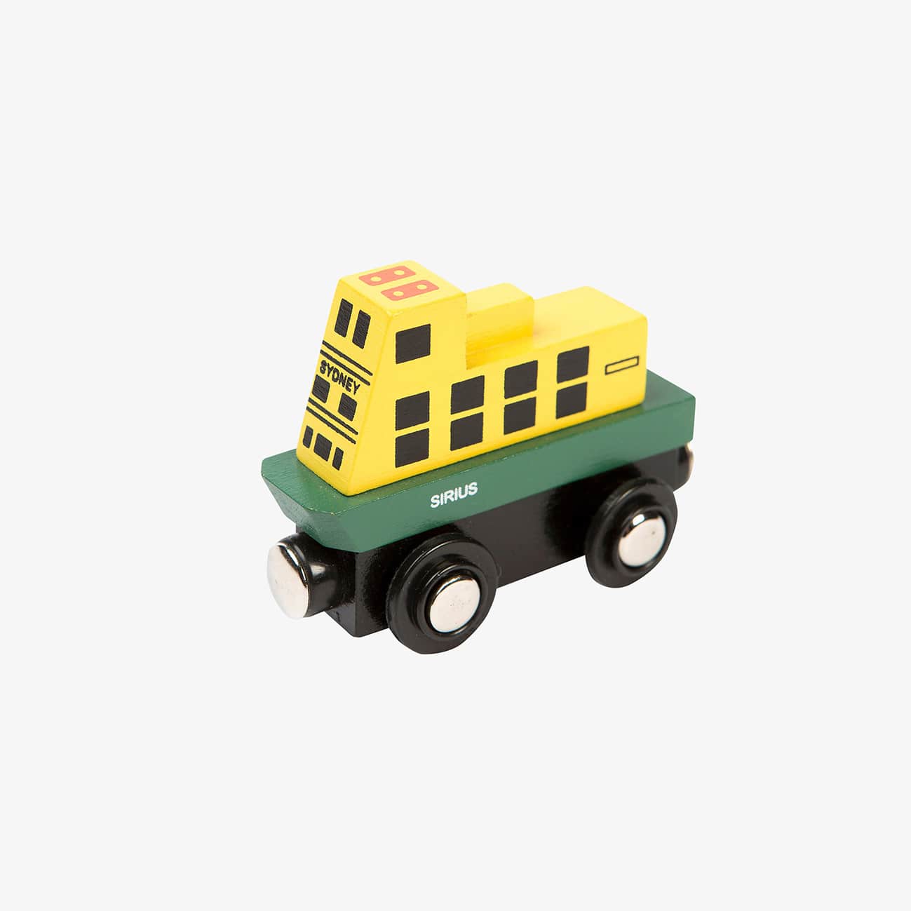Mini wooden Sydney ferry toy based on the Sirius First Fleet design, with magnetic connectors, compatible with Brio and IKEA train tracks for pretend play.
