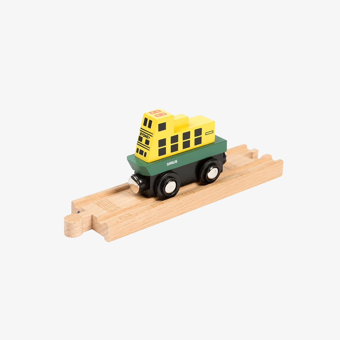 Mini wooden Sydney ferry toy based on the Sirius First Fleet design, with magnetic connectors, compatible with Brio and IKEA train tracks for pretend play.