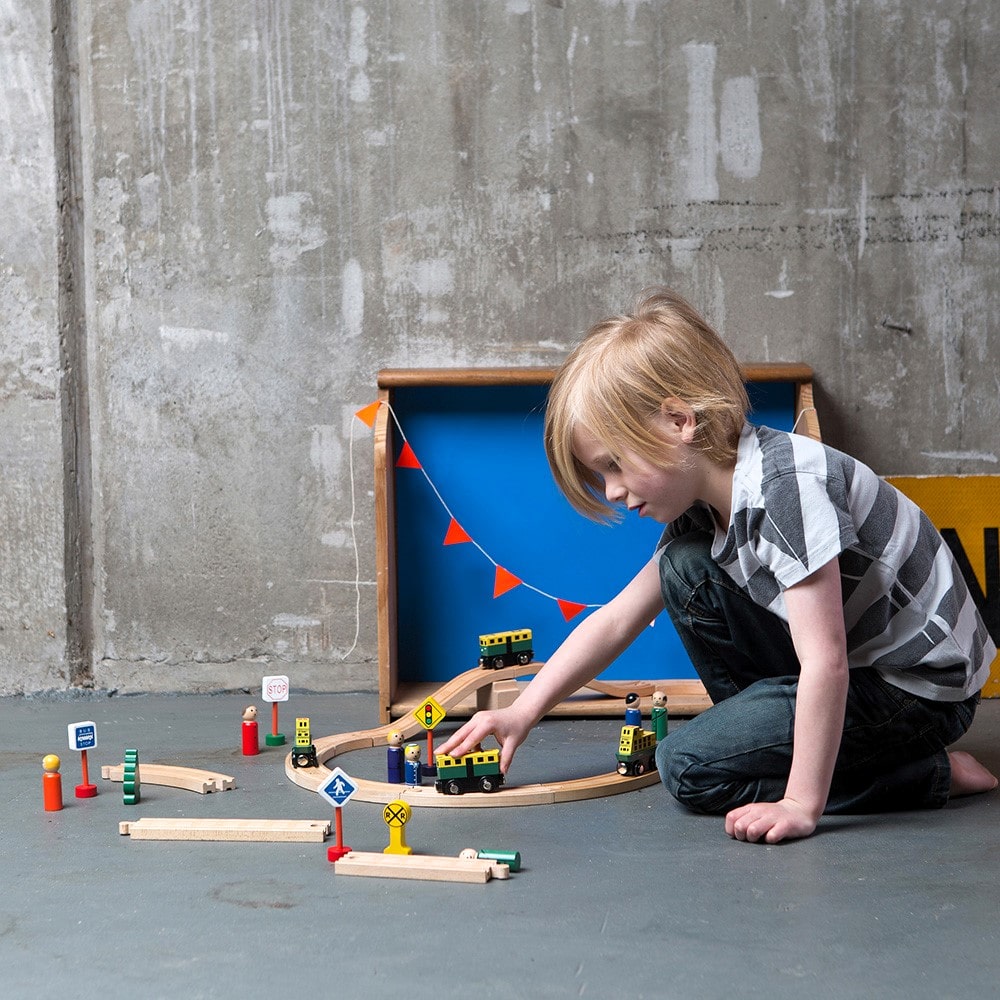 Mini wooden Sydney ferry toy based on the Sirius First Fleet design, with magnetic connectors, compatible with Brio and IKEA train tracks for pretend play.