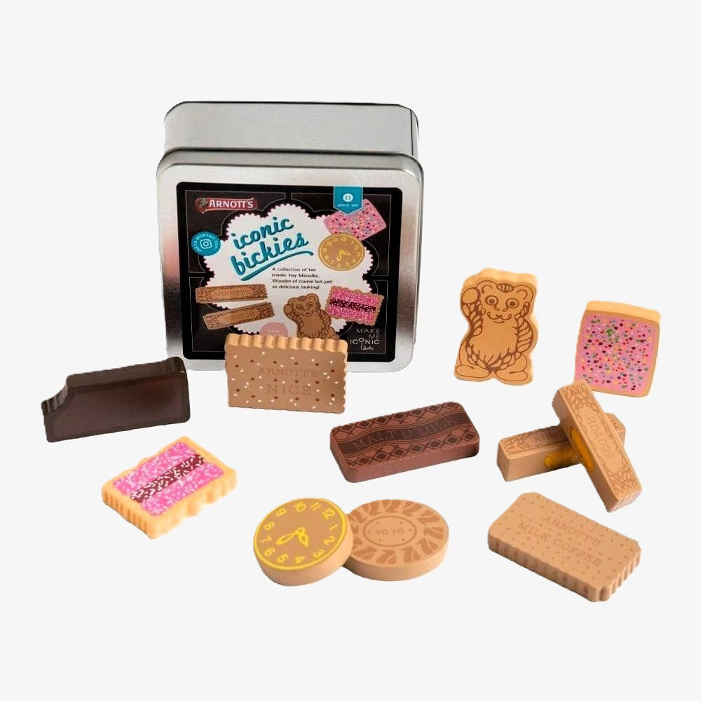 Make Me Iconic Australian Arnott’s Bickies wooden toy set, 11-piece pretend play biscuit collection for kids and toy kitchens.