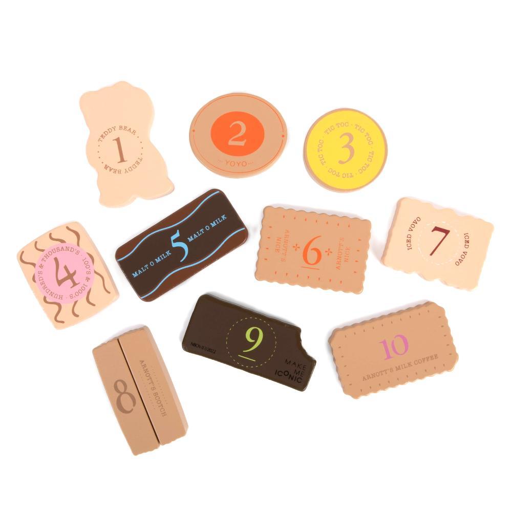 Make Me Iconic Australian Arnott’s Bickies wooden toy set, 11-piece pretend play biscuit collection for kids and toy kitchens.