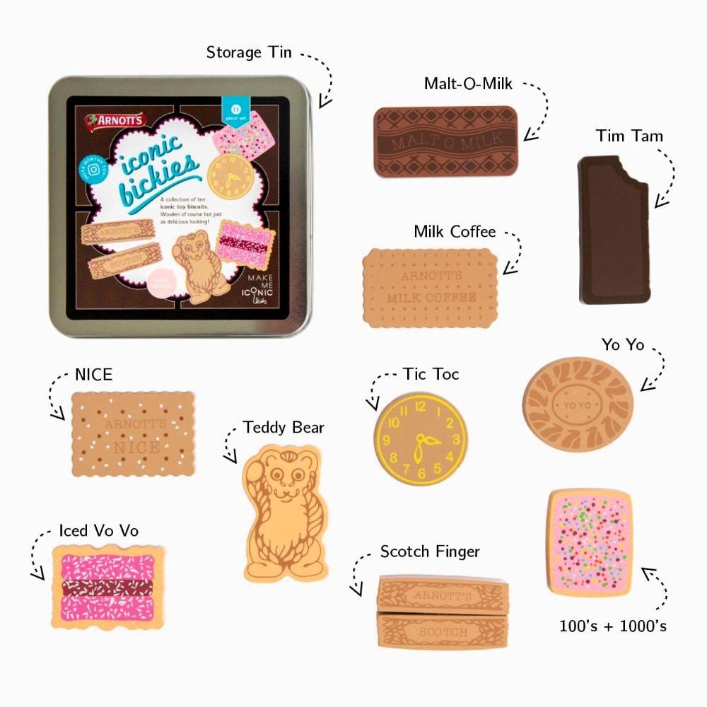 Make Me Iconic Australian Arnott’s Bickies wooden toy set, 11-piece pretend play biscuit collection for kids and toy kitchens.
