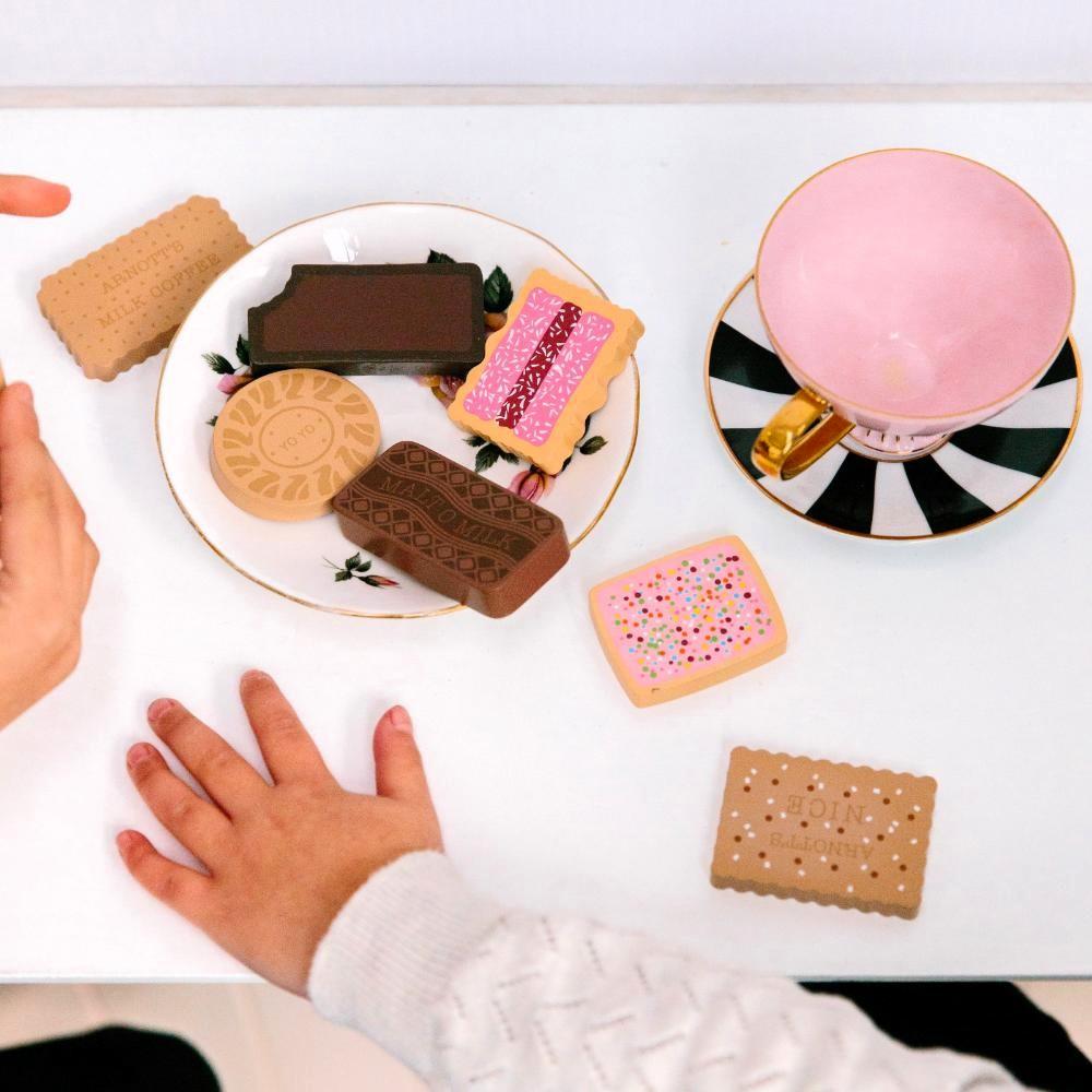 Make Me Iconic Australian Arnott’s Bickies wooden toy set, 11-piece pretend play biscuit collection for kids and toy kitchens.