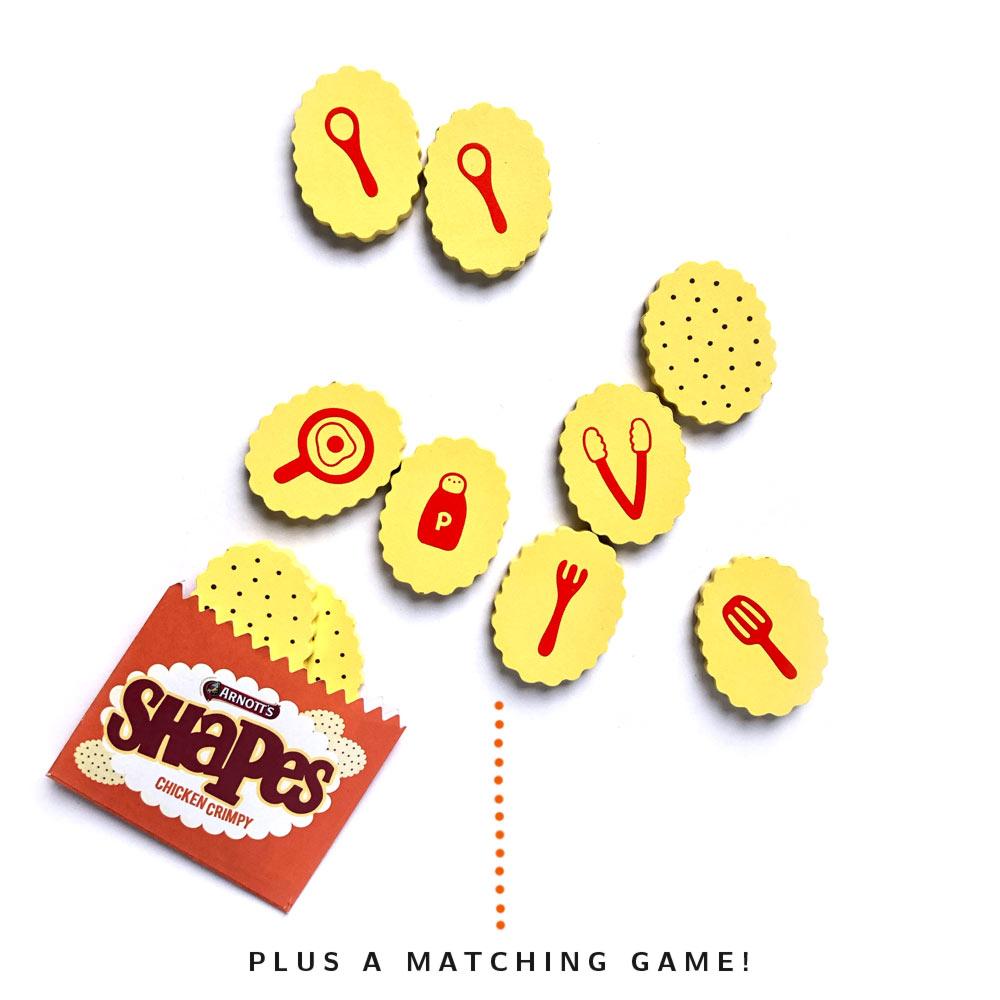 Make Me Iconic Arnott’s Shapes Australian wooden toy set – pretend play food with Barbecue, Pizza, and Chicken Crimpy biscuits, matching games, counting activities, and mini paper snack bags.
