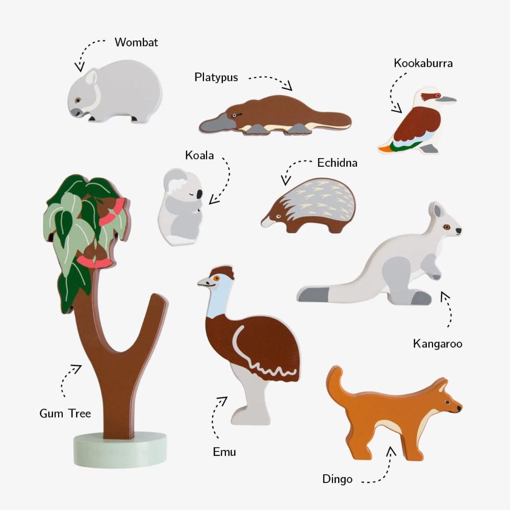 Make Me Iconic Australian animals wooden toy set for kids, 10-piece set for pretend play and early learning through nature-based role play.