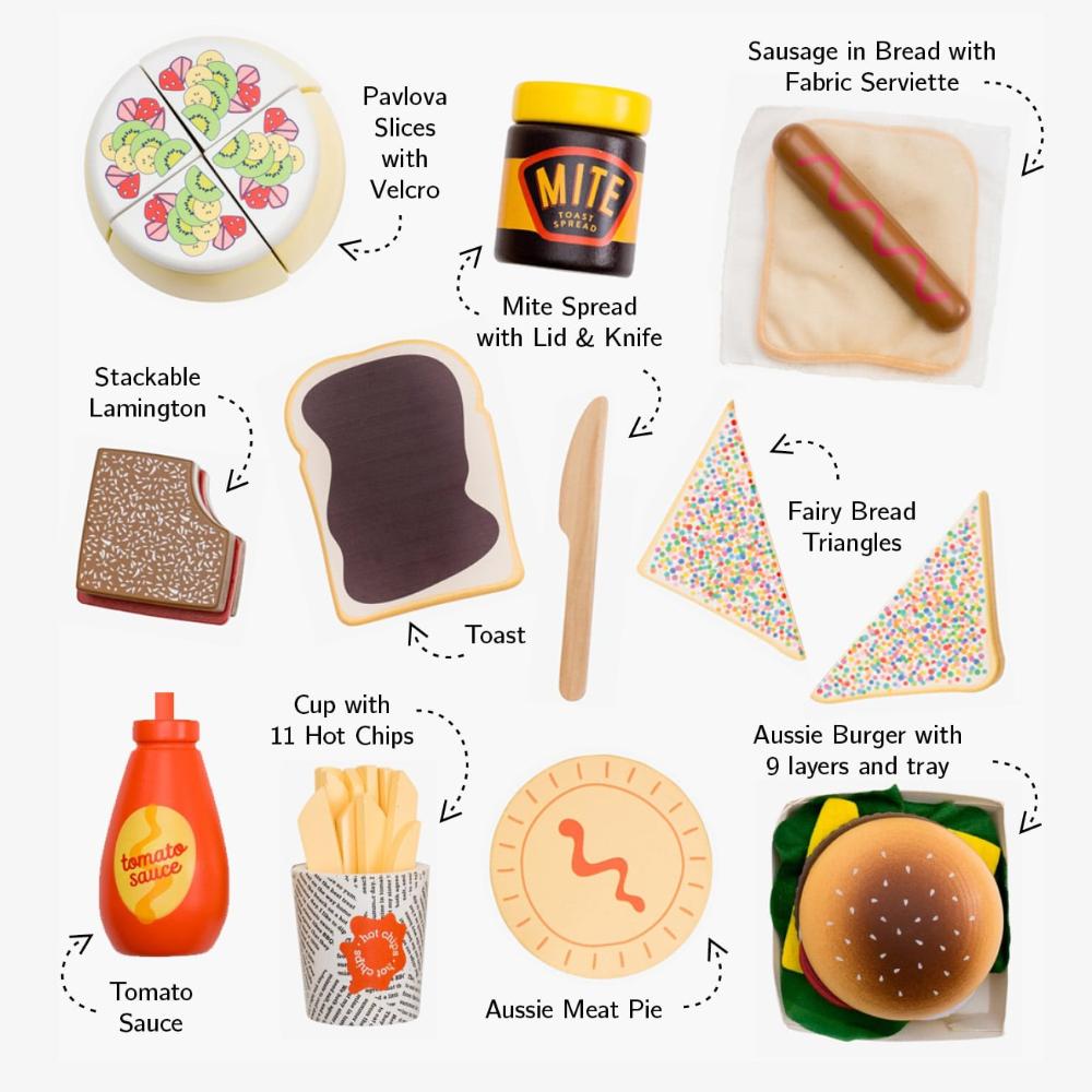 Make Me Iconic Australian wooden toy food set, 38-piece pretend play set featuring Vegemite, Fairy Bread, Pavlova, Lamington, meat pie, snag in bread, and hot Chips with sauce for imaginative kitchen play.