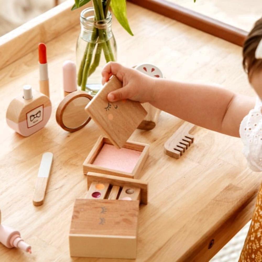 Make Me Iconic wooden toy beauty kit and wooden pretend make-up for kids with mirror, lipstick, compact and perfume designed for pretend play, dress-ups and creative role-play activities
