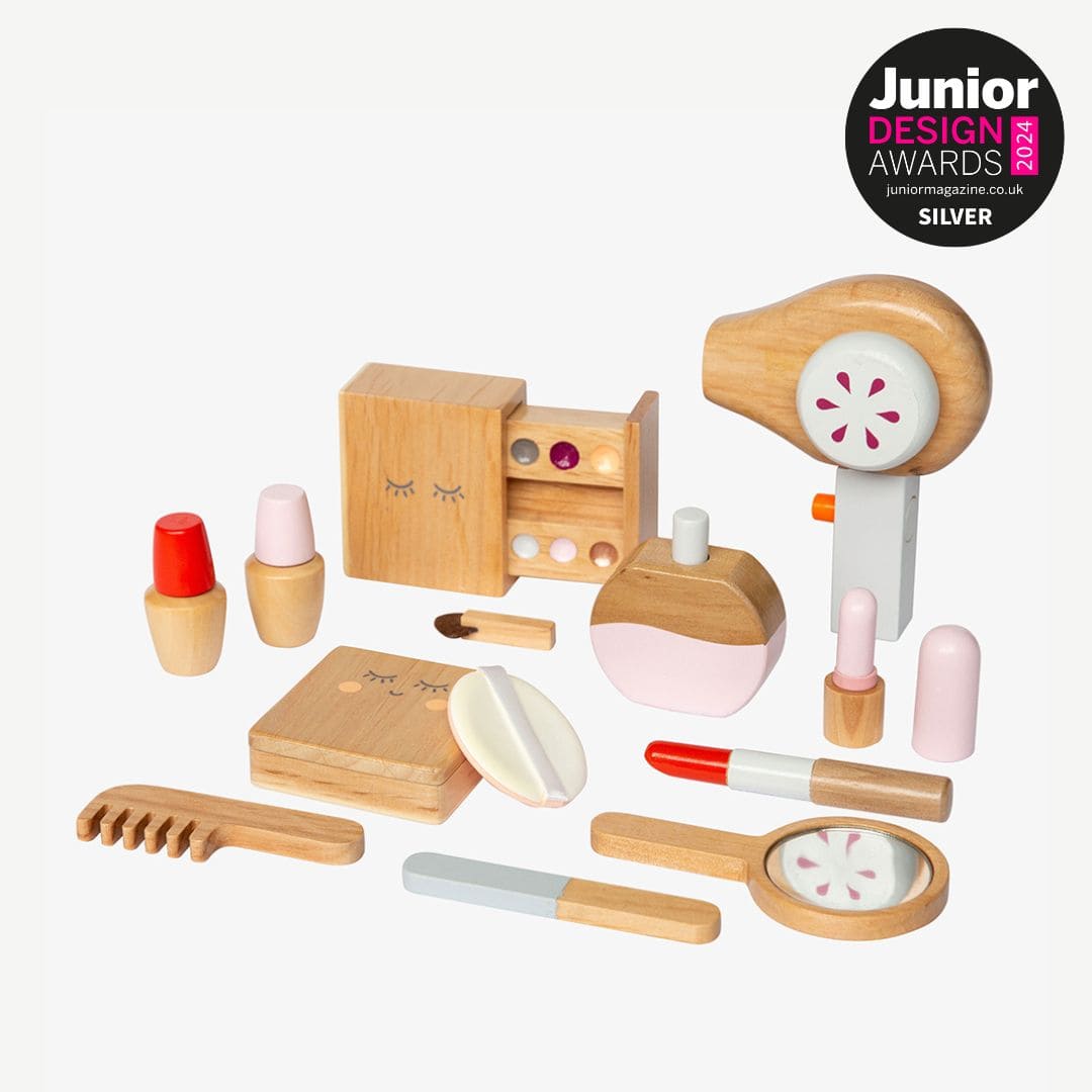 Wooden toy beauty kit for kids with mirror, lipstick, compact and perfume designed for pretend play, dress-ups and creative role-play activities