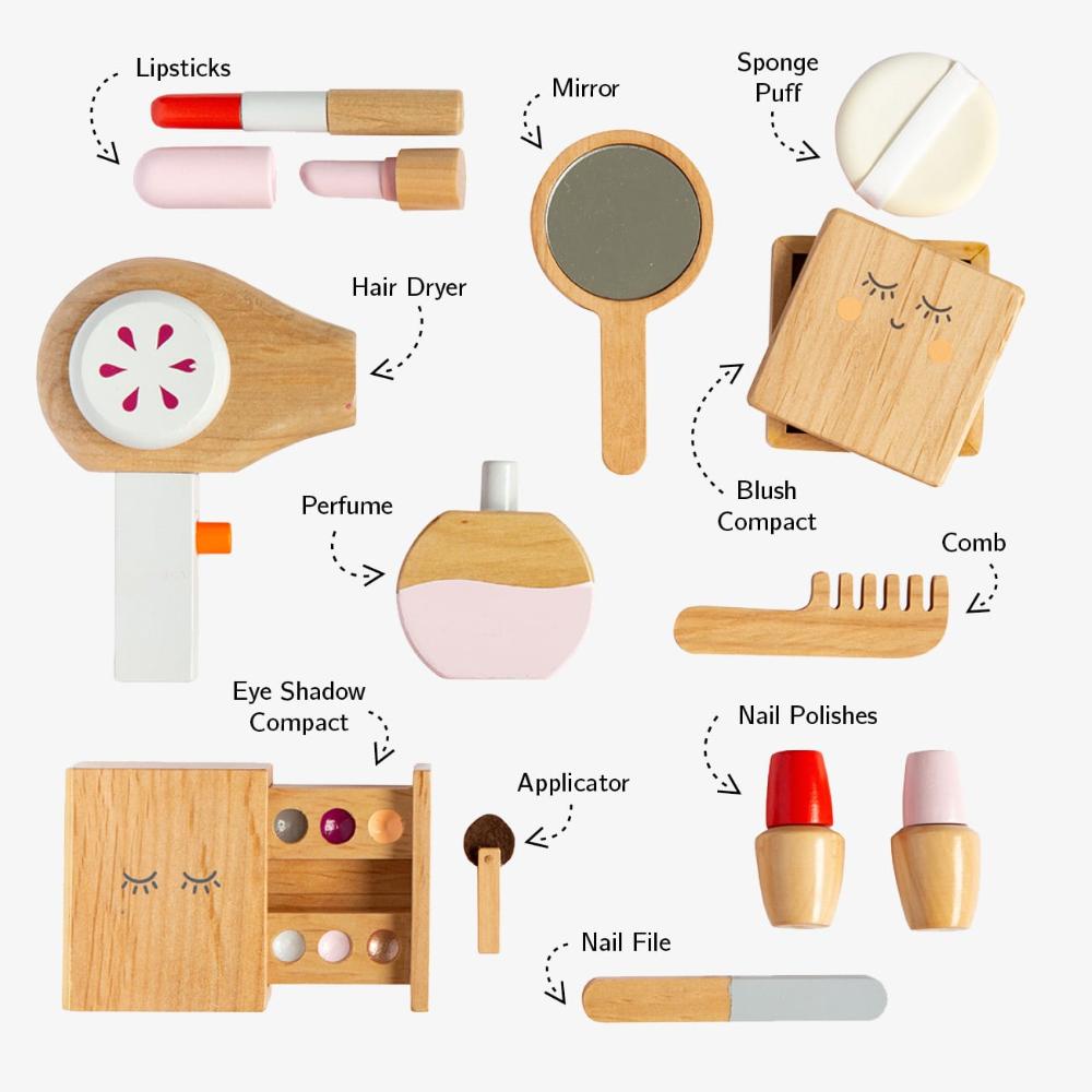 Make Me Iconic Ultimate Role Play Set for kids featuring a wooden Tea Set Extension, Doll Accessory Kit, Beauty Kit and Surgeon Kit, designed for imaginative pretend play, role play, creative learning and screen-free play for toddlers and children.