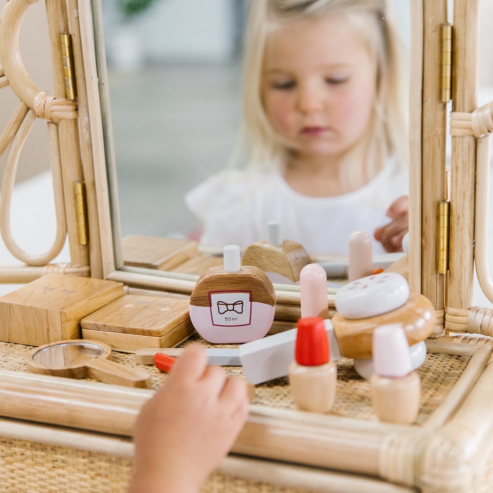 Wooden toy beauty kit for kids with mirror, lipstick, compact and perfume designed for pretend play, dress-ups and creative role-play activities