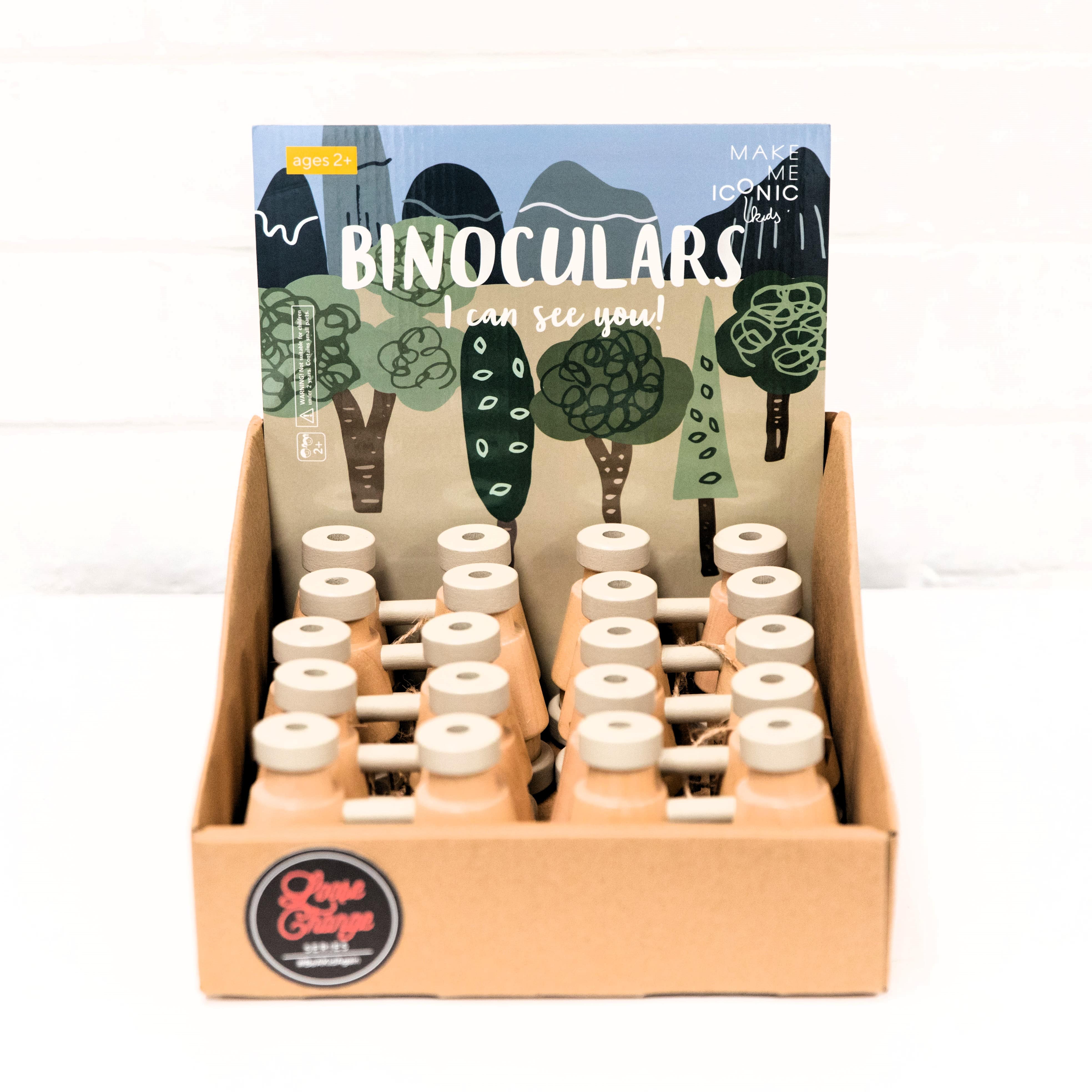 Make Me Iconic wooden toy binoculars with a smooth natural finish, perfectly sized for little hands. Ideal for pretend play adventures like pirate hunts, backyard exploration, or spy missions, encouraging creativity and role-play without screens or batteries.