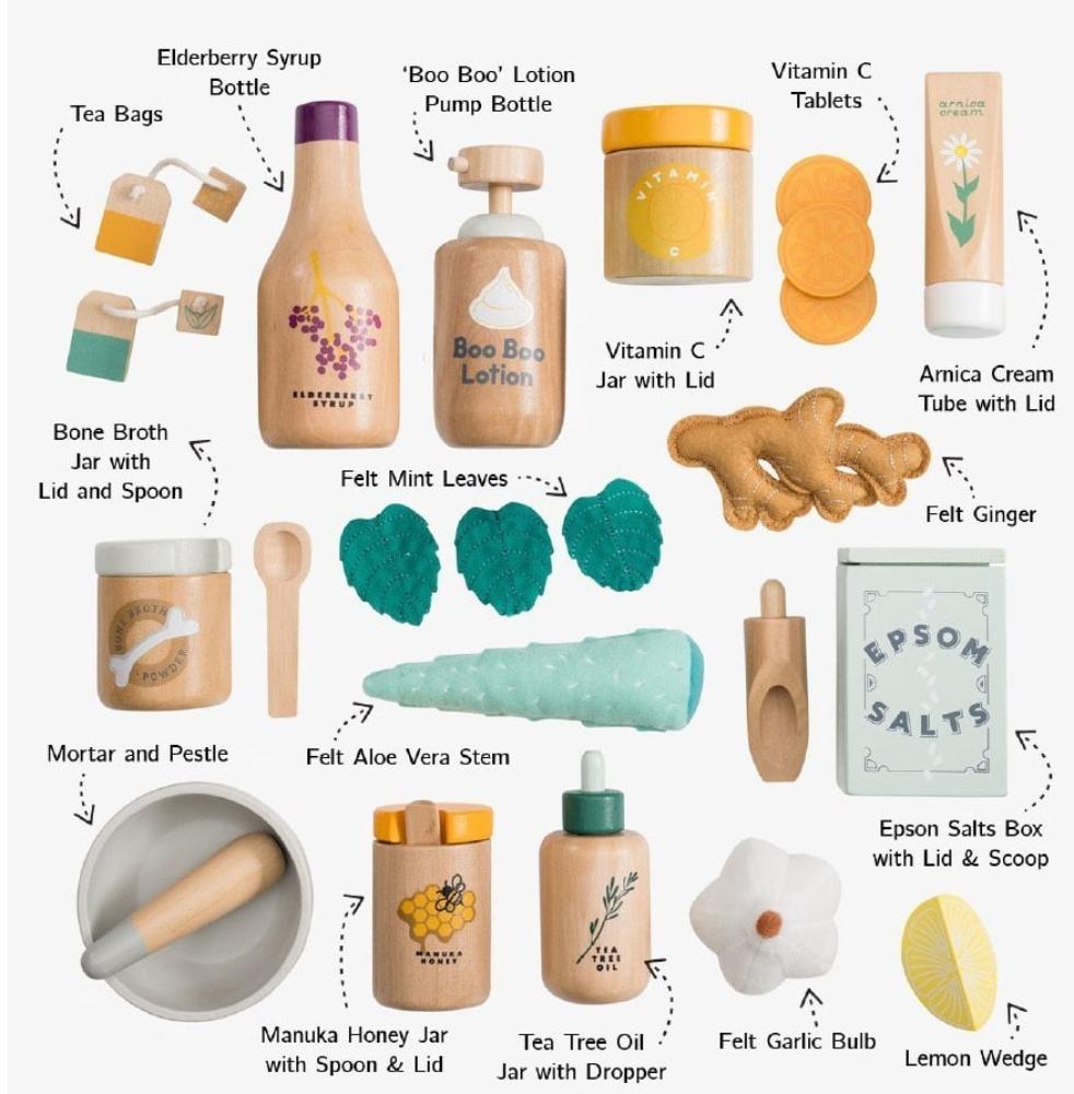 Make Me Iconic wooden toy natural healers kit with pestle and mortar, pretend Epsom salts, Manuka honey, bone broth, Tea Tree oil dropper, Boo Boo lotion, vitamins, arnica cream, herbal tea bags, and felt herbs for imaginative wellness play.