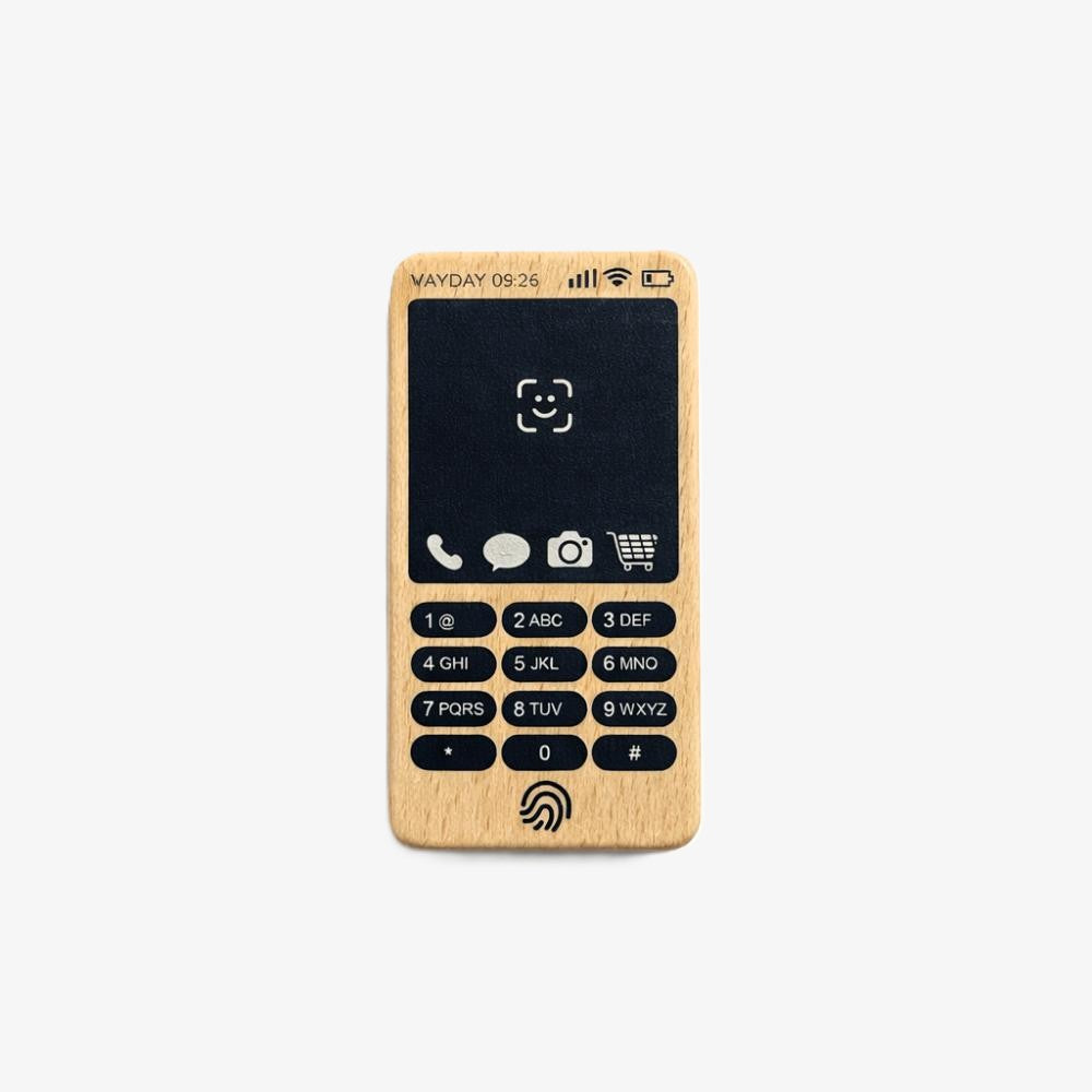 Make Me Iconic Wooden Toy Phone from the Loose Change Range, featuring a realistic design for pretend selfies, texting, and calls. Encourages imaginative, screen-free play for kids who love to copy the grown-ups.