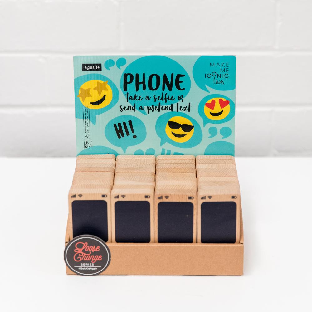 Make Me Iconic Wooden Toy Phone from the Loose Change Range, featuring a realistic design for pretend selfies, texting, and calls. Encourages imaginative, screen-free play for kids who love to copy the grown-ups.