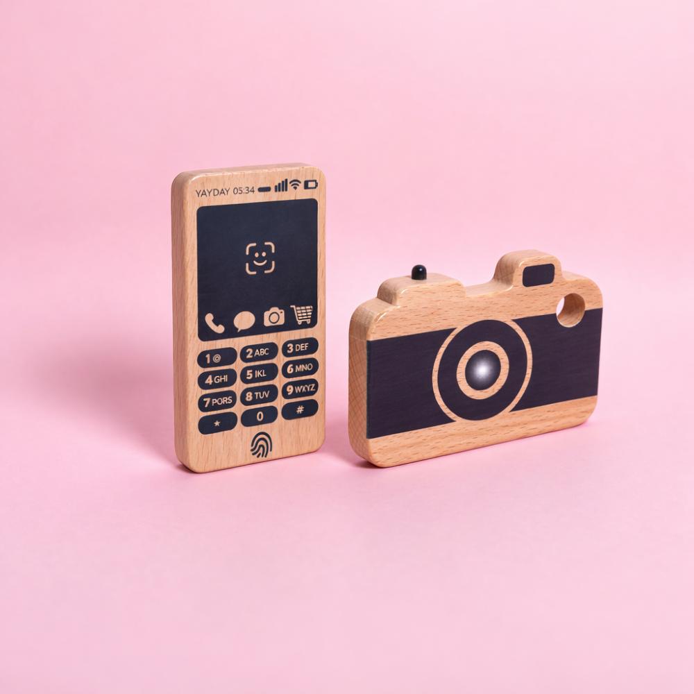 Make Me Iconic Wooden Toy Phone from the Loose Change Range, featuring a realistic design for pretend selfies, texting, and calls. Encourages imaginative, screen-free play for kids who love to copy the grown-ups.