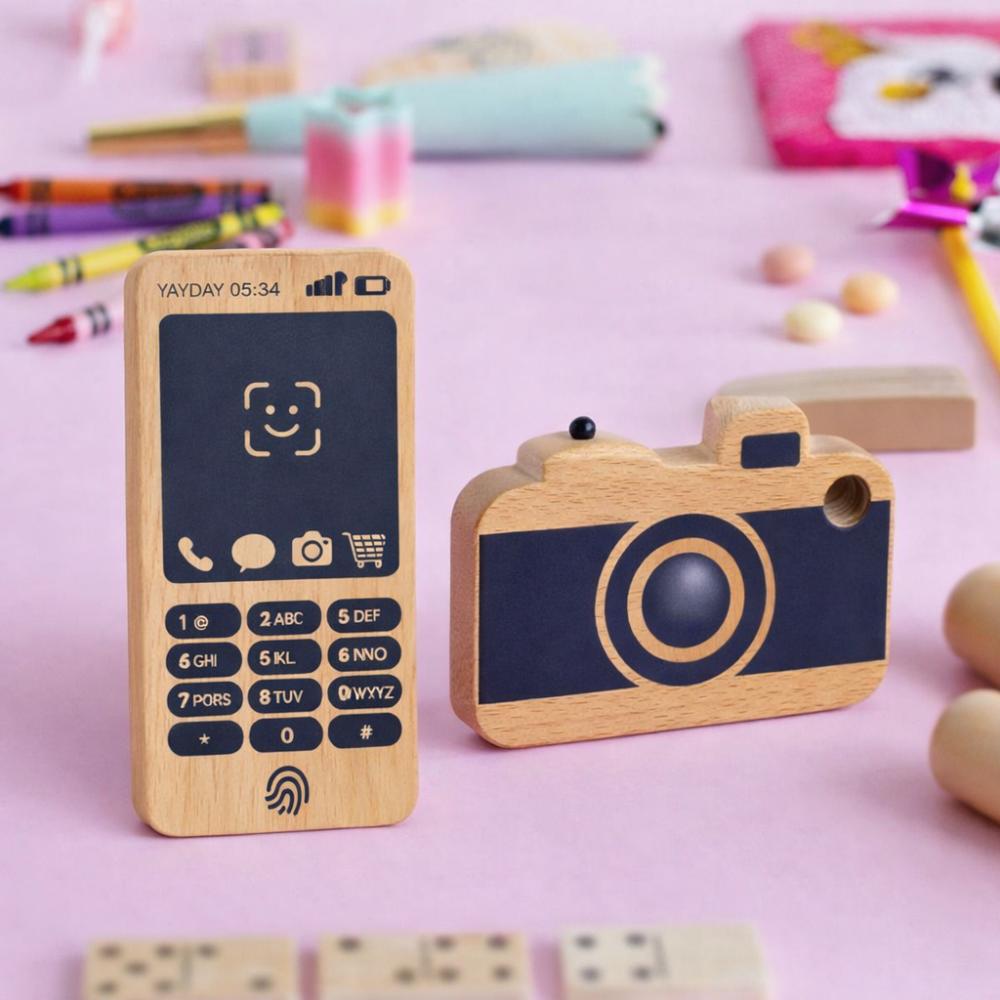 Make Me Iconic Wooden Toy Phone from the Loose Change Range, featuring a realistic design for pretend selfies, texting, and calls. Encourages imaginative, screen-free play for kids who love to copy the grown-ups.