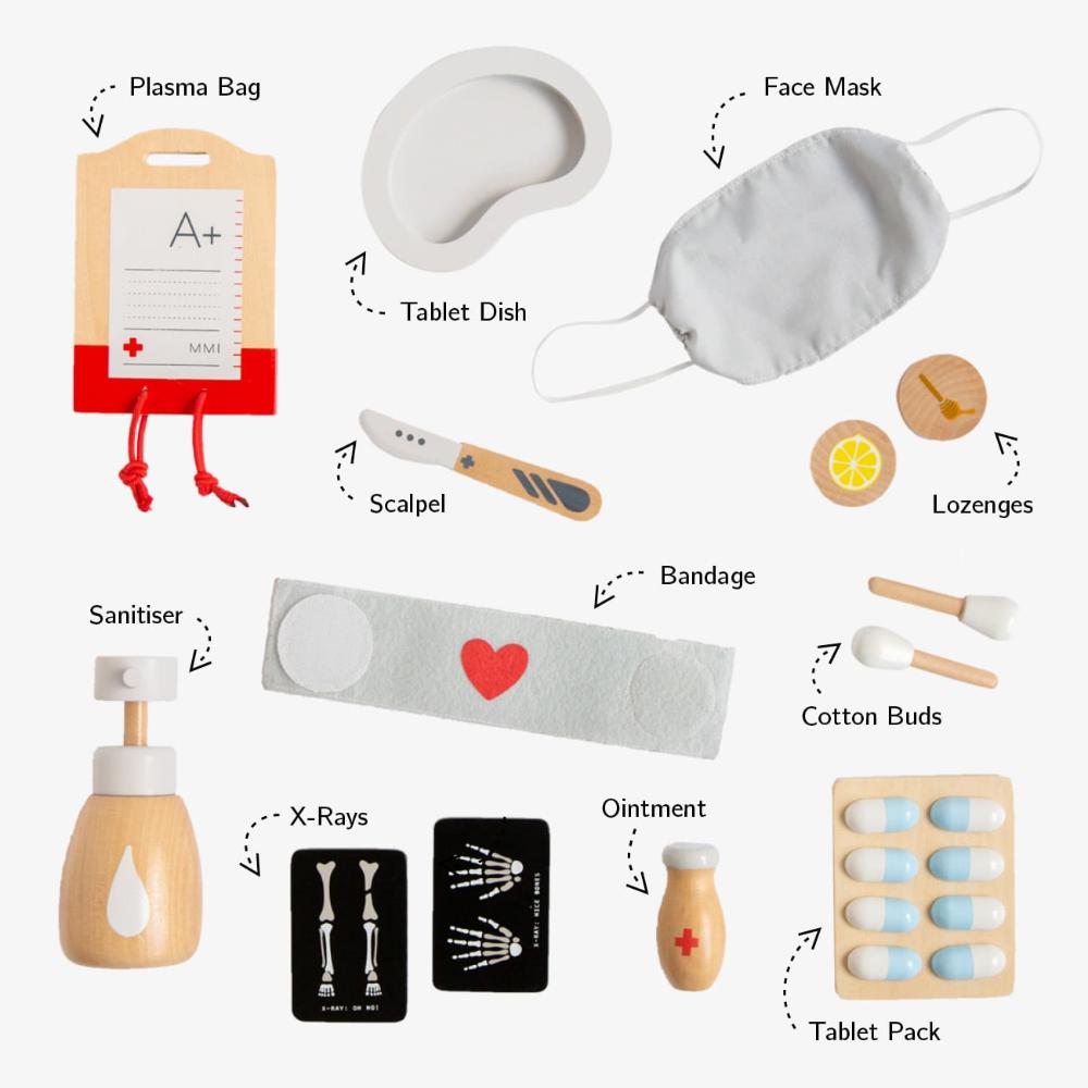 Make Me Iconic Wooden Surgeon Kit featuring toy surgical tools, mini X-rays, and first aid accessories. Inspires imaginative medical play, empathy, and storytelling fun.