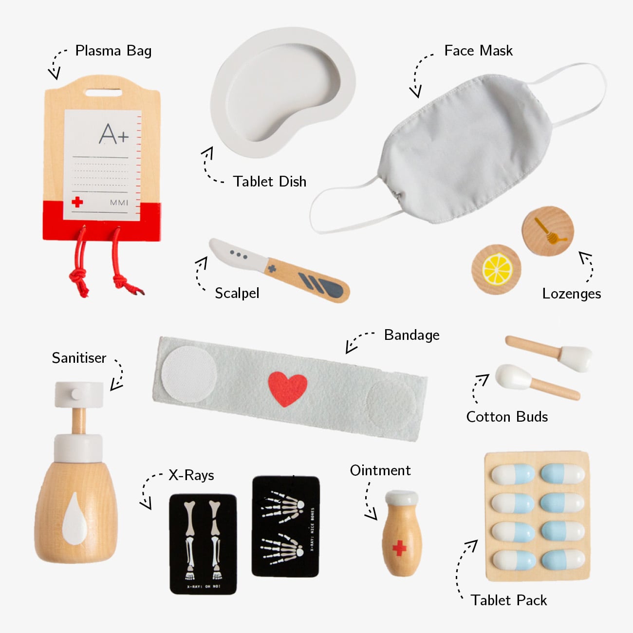 Wooden Toy Surgeon Kit with realistic medical instruments, designed to complement the Doctor’s Kit for advanced pretend play and role play fun.