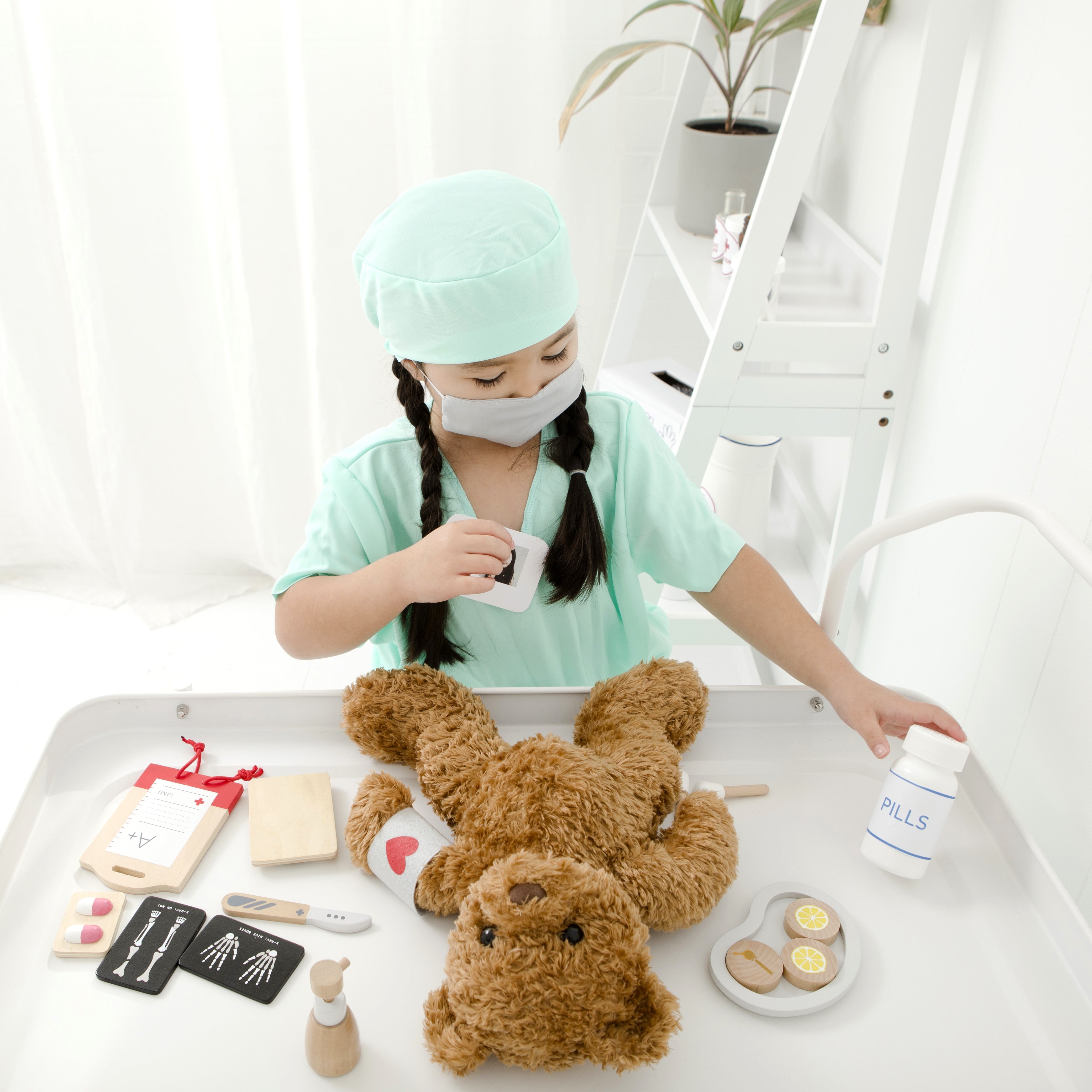 Wooden Toy Surgeon Kit with realistic medical instruments, designed to complement the Doctor’s Kit for advanced pretend play and role play fun.