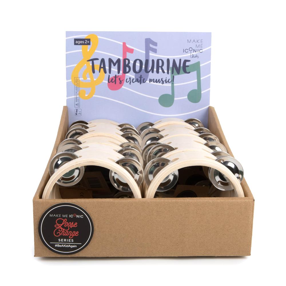 Make Me Iconic 1-piece wooden toy tambourine with a classic round design, perfect for musical pretend play. Encourages young kids to explore rhythm, coordination, and creative expression through music.