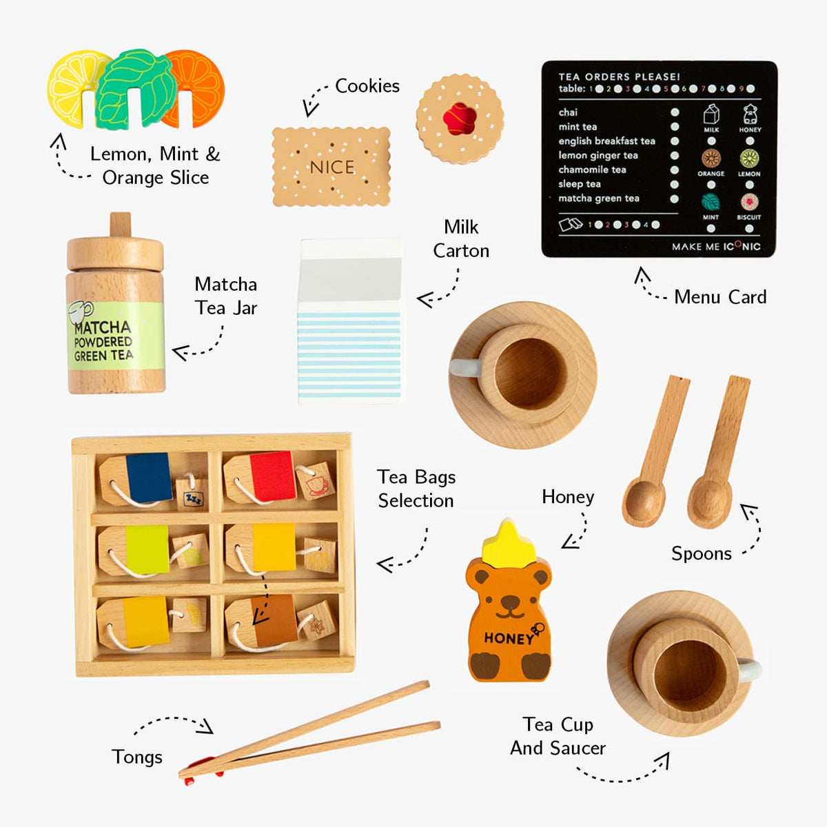 Make Me Iconic Ultimate Role Play Set for kids featuring a wooden Tea Set Extension, Doll Accessory Kit, Beauty Kit and Surgeon Kit, designed for imaginative pretend play, role play, creative learning and screen-free play for toddlers and children.