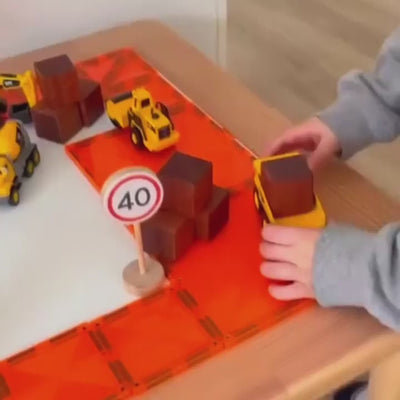 Make Me Iconic wooden Australian road sign toy set featuring 5 double-sided traffic signs with kangaroo, koala, and speed camera icons for imaginative car and city play.