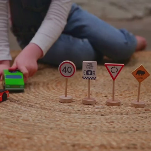 Make Me Iconic Australian wooden toy vehicle set featuring Sandman Panel Van, retro-orange Ute, Australian fire truck, Australian Police Car and Australia Post Truck for imaginative play